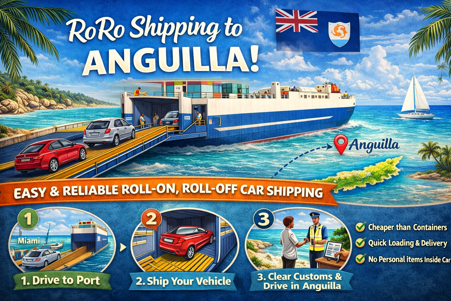 Illustration of car shipping to Anguilla, showing cars driving onto a ferry, which then sails from Miami, with steps for drive to port, ship your vehicle, clear customs, and drive in Anguilla, highlighting affordable, quick, and no personal items inside features.
