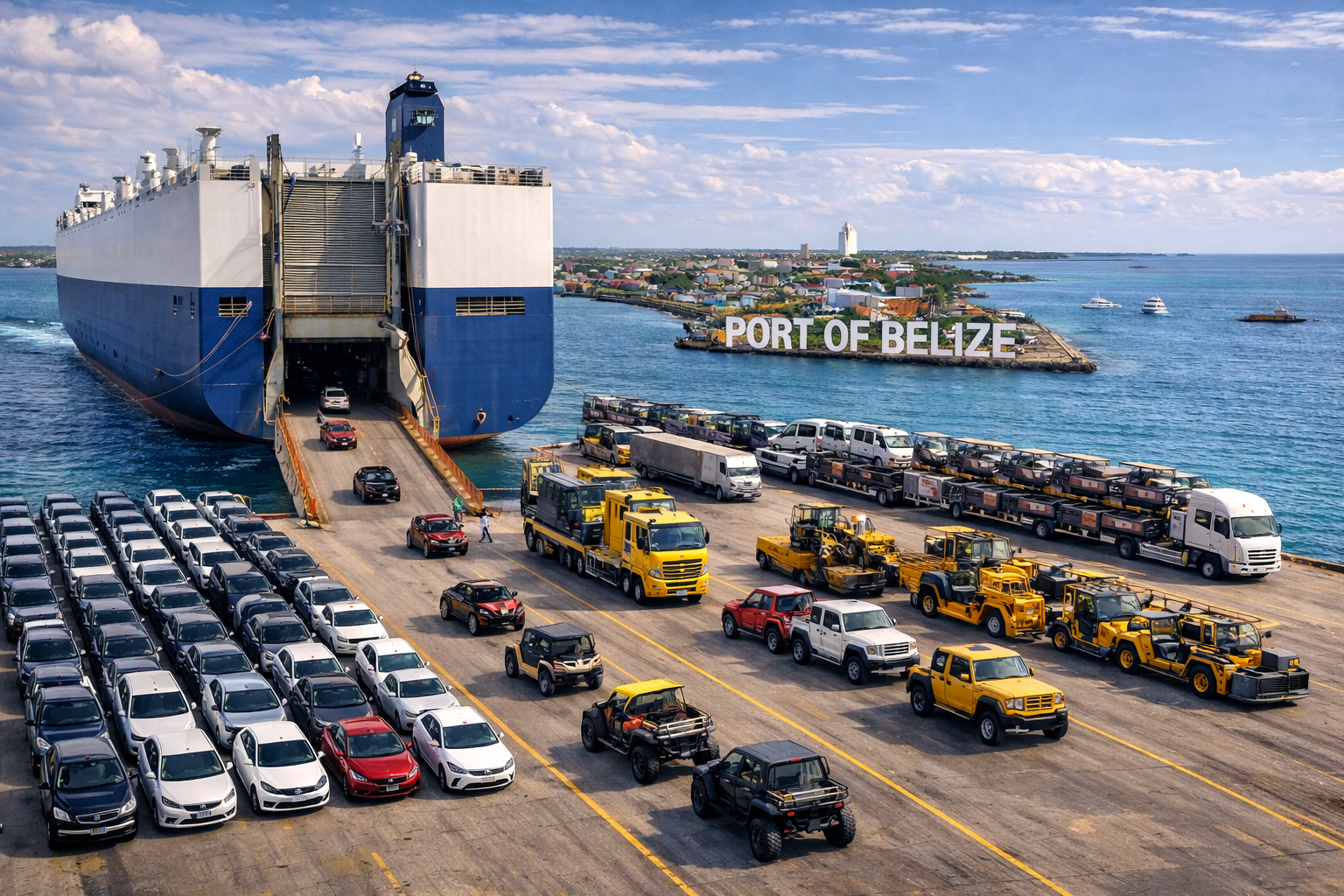 Ferry loading cars and trucks at the Port of Belize, with the port's name visible on a landmass in the water.