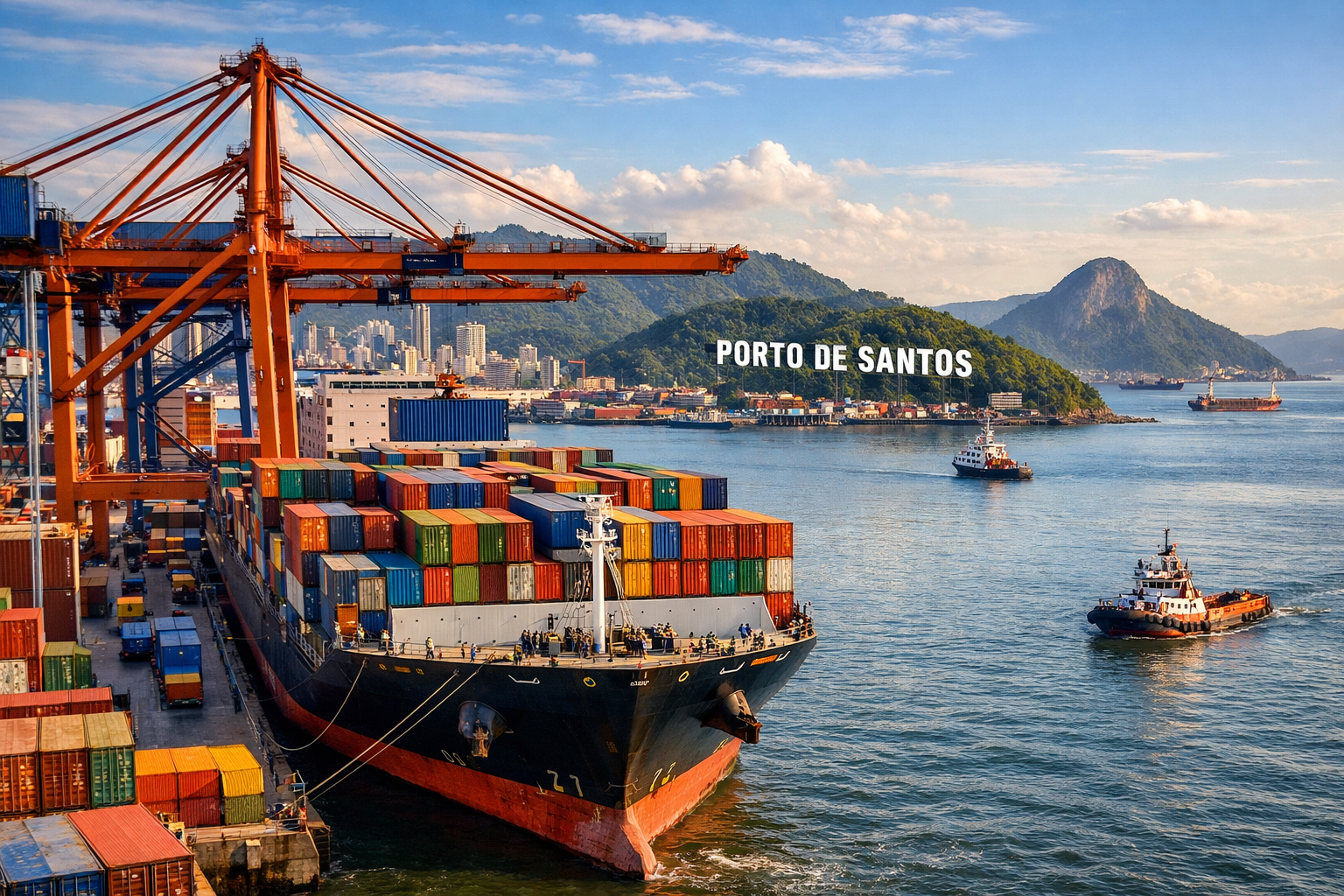 Cargo ships and tugboats in Porto de Santos harbor with containers, cranes, and a city skyline in the background, near a mountainous landscape.