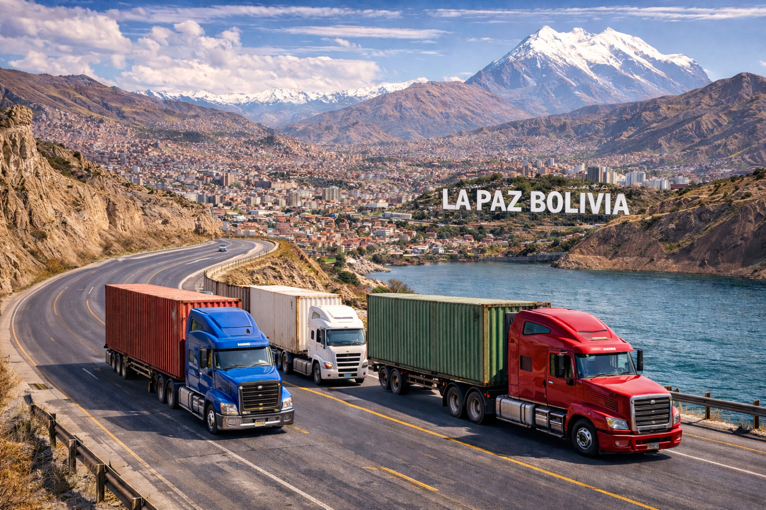 Three large trucks driving along a winding road next to a river with a city in the background and snow-capped mountains, with a sign reading "La Paz Bolivia" on the hillside.