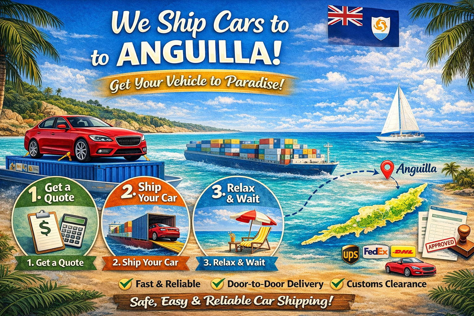 A colorful promotional illustration showing car shipping from a tropical island to Anguilla, depicting a red car on a shipping container, a cargo ship, and a sailboat with palm trees, blue sky, and the ocean. Includes steps for getting a quote, shipping the car, and relaxing while waiting, along with icons for delivery services and process benefits.