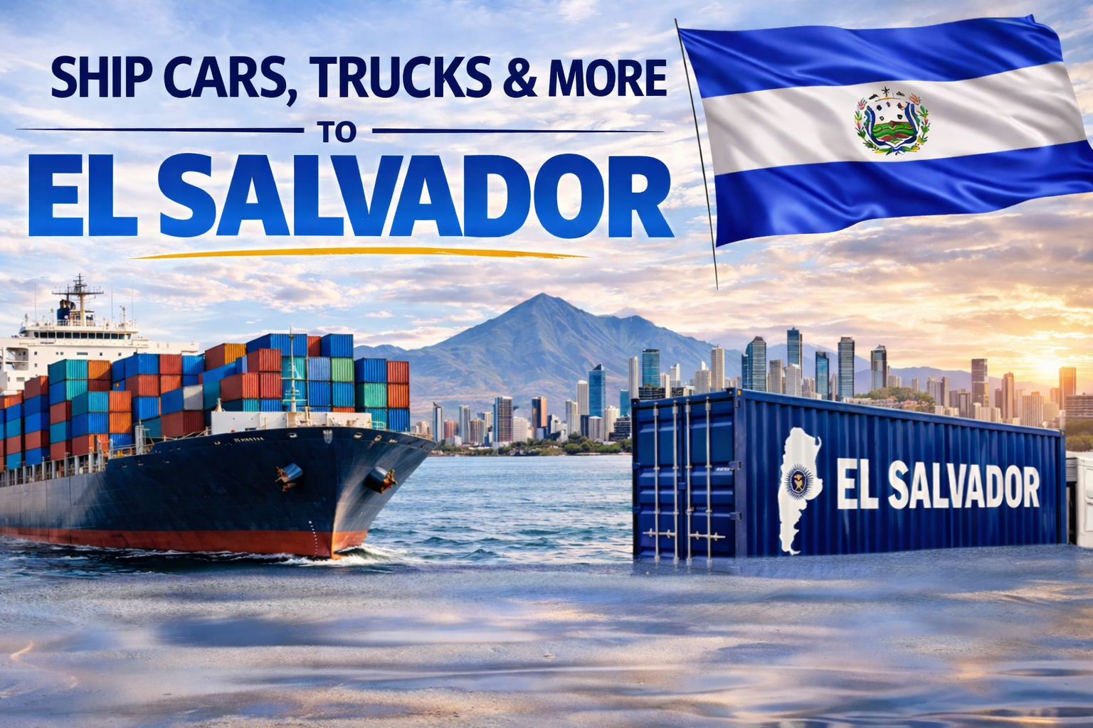 A shipping container with the map of El Salvador and text 'El Salvador', a cargo ship with colorful containers, and a flag with El Salvador's coat of arms, set against a city skyline and mountain during sunset.