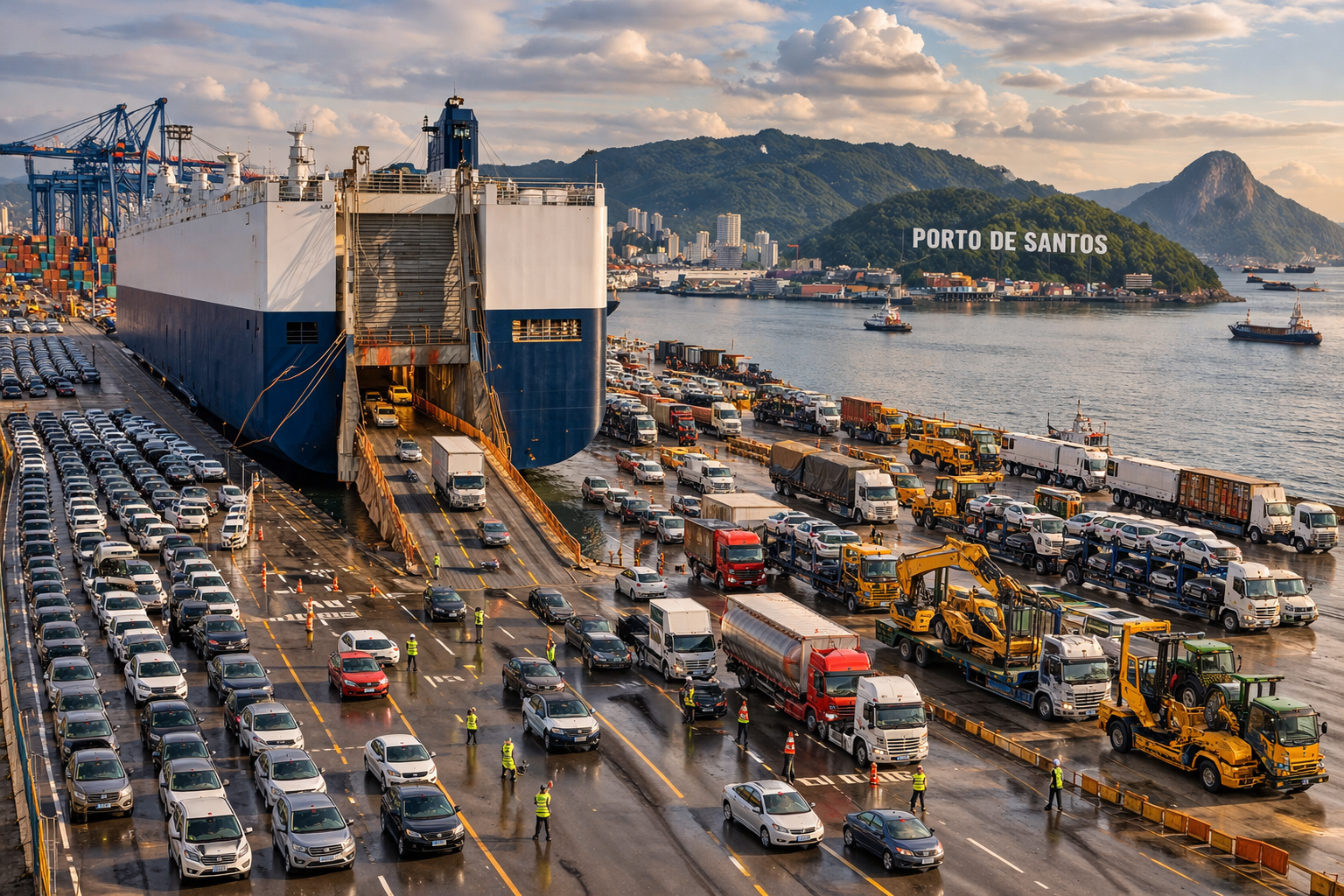 Porto de Santos cargo port with ships, trucks, cars, and construction equipment, with hills and a city skyline in the background during daytime.
