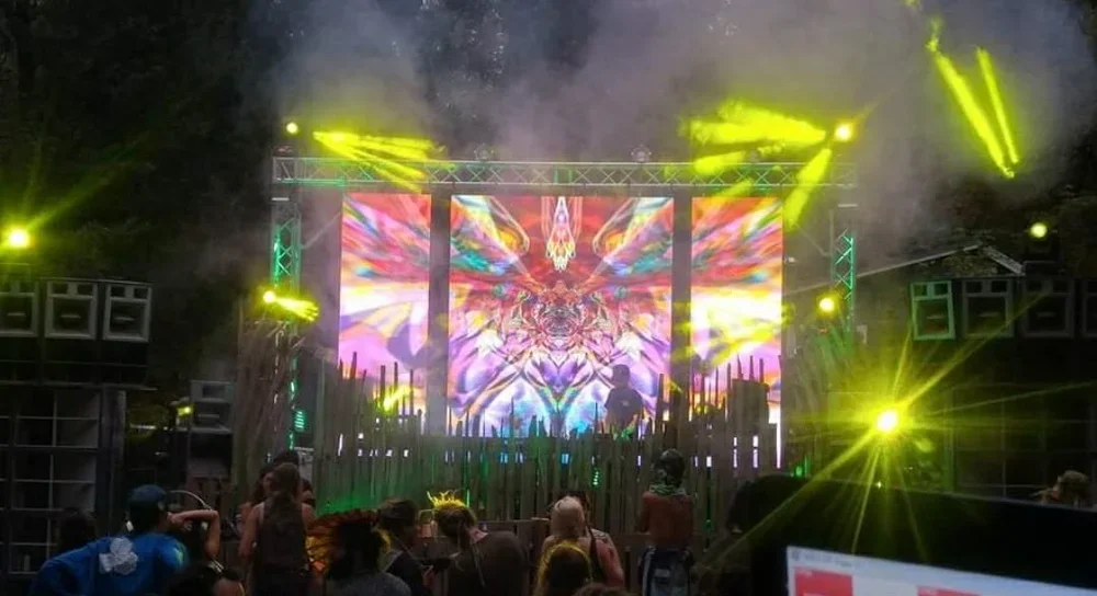 Outdoor electronic music concert at night with a colorful digital display, stage lights, fog, and a crowd of people.