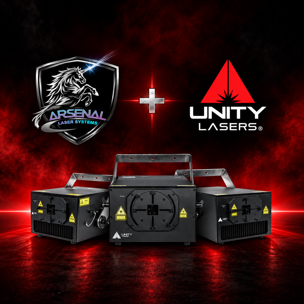 A laser system by Unity Lasers, with the Arsenal Laser Systems logo, against a red and black background, featuring three laser diodes and warning labels.