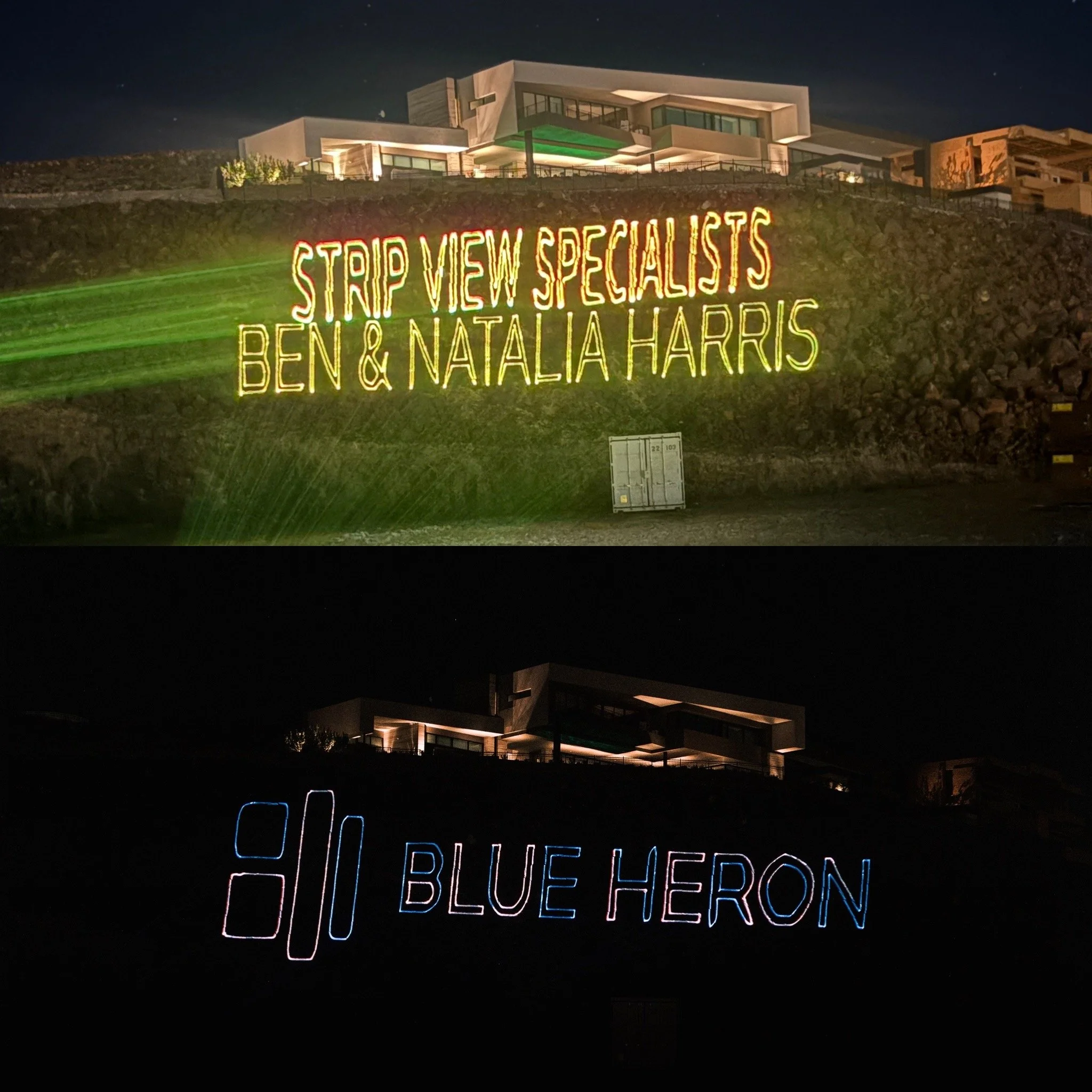 Night view of a modern house on a hill with a colorful neon sign that reads "STOP VIEW SPECIALISTS BEN & NATALIA HARRIS".