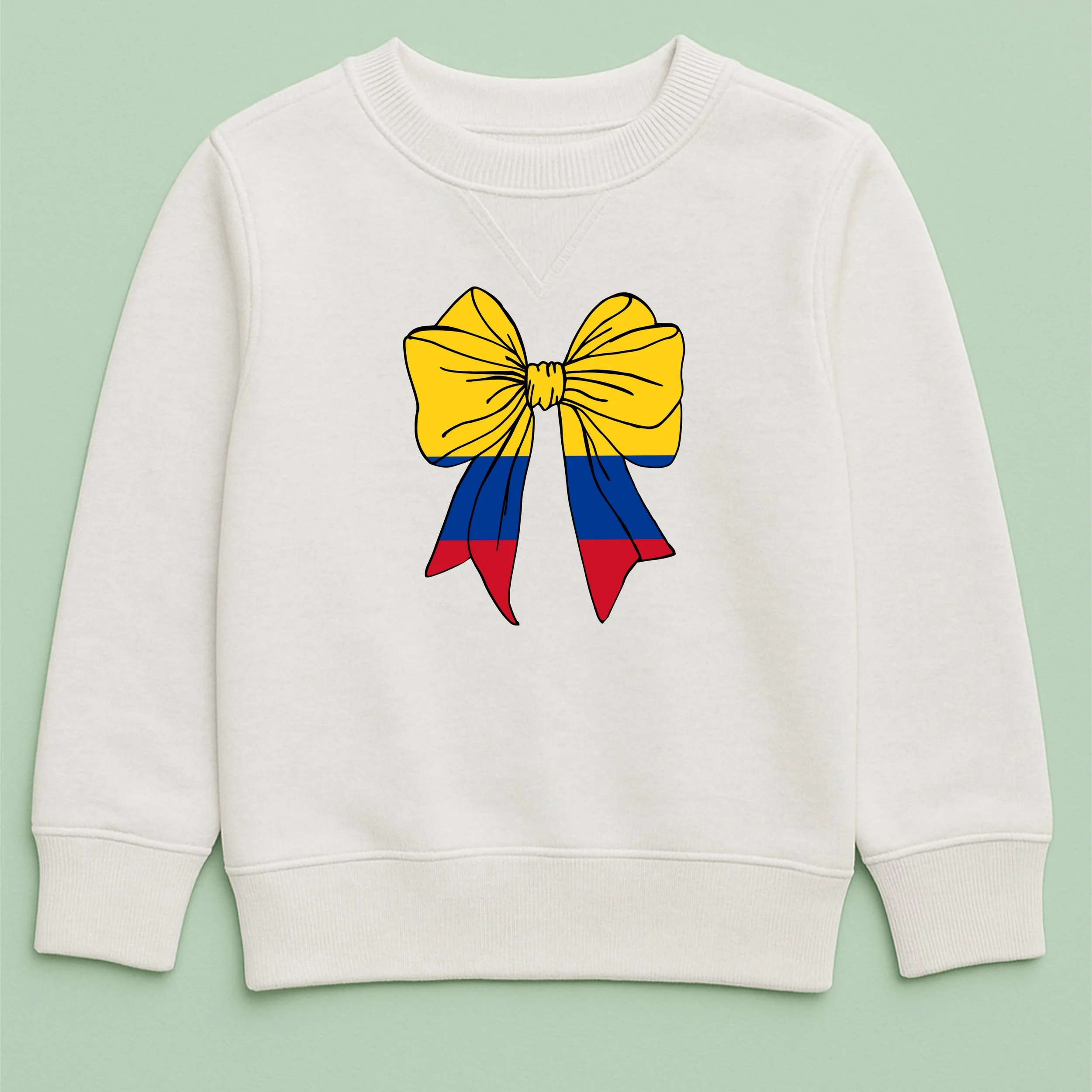 Kids Colombia Flag Bow Sweatshirt – Youth Yellow Blue Red Bow Crewneck – Cute Colombian Pride Top – Patriotic Kids Sweatshirt