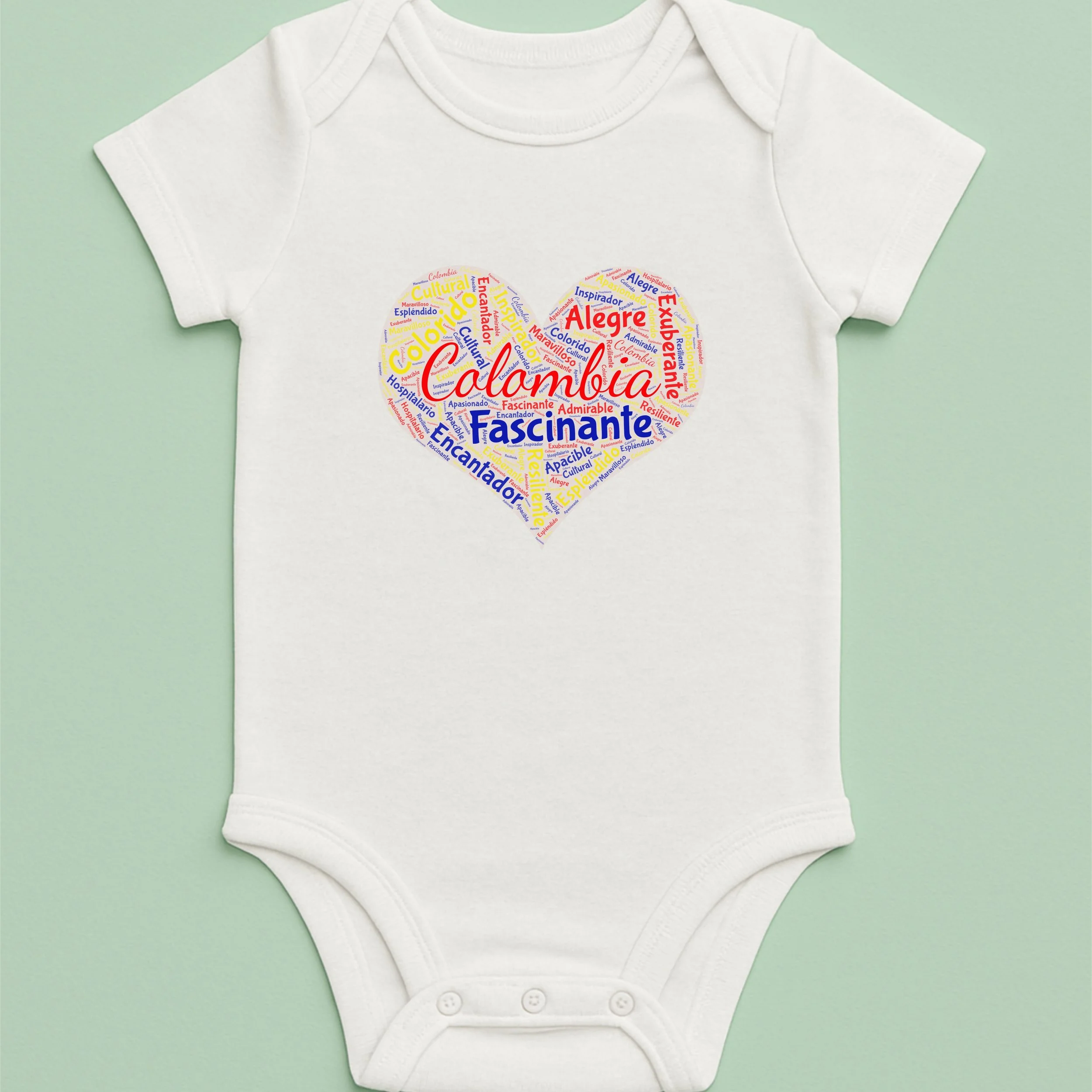 Colombia Word Heart Baby Onesie – Colorful Word Cloud Bodysuit – Colombian Pride – Patriotic Baby Gift