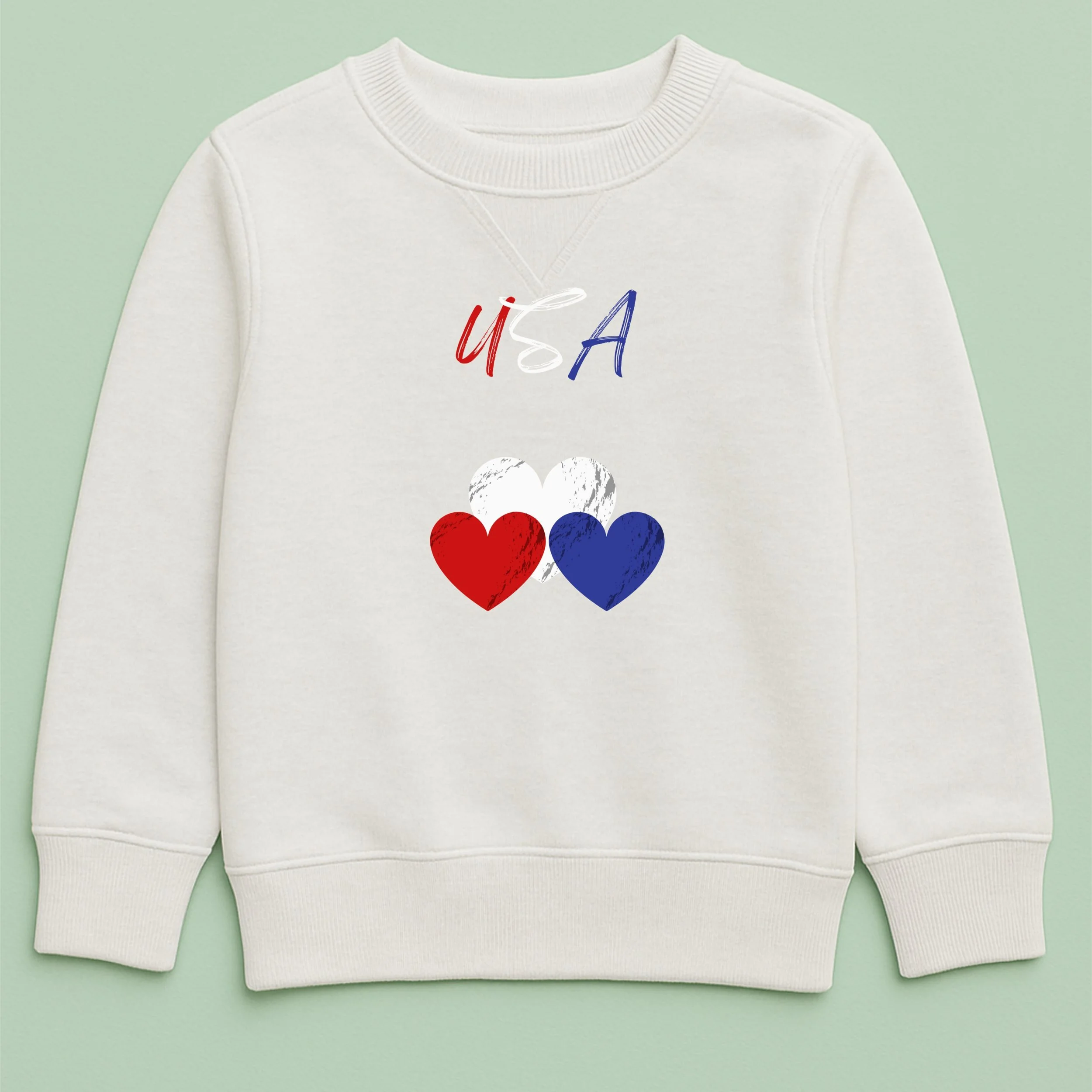 Kids USA Hearts Sweatshirt – Youth Red White Blue Heart Crewneck – Patriotic Kids Top – 4th of July Youth Sweatshirt