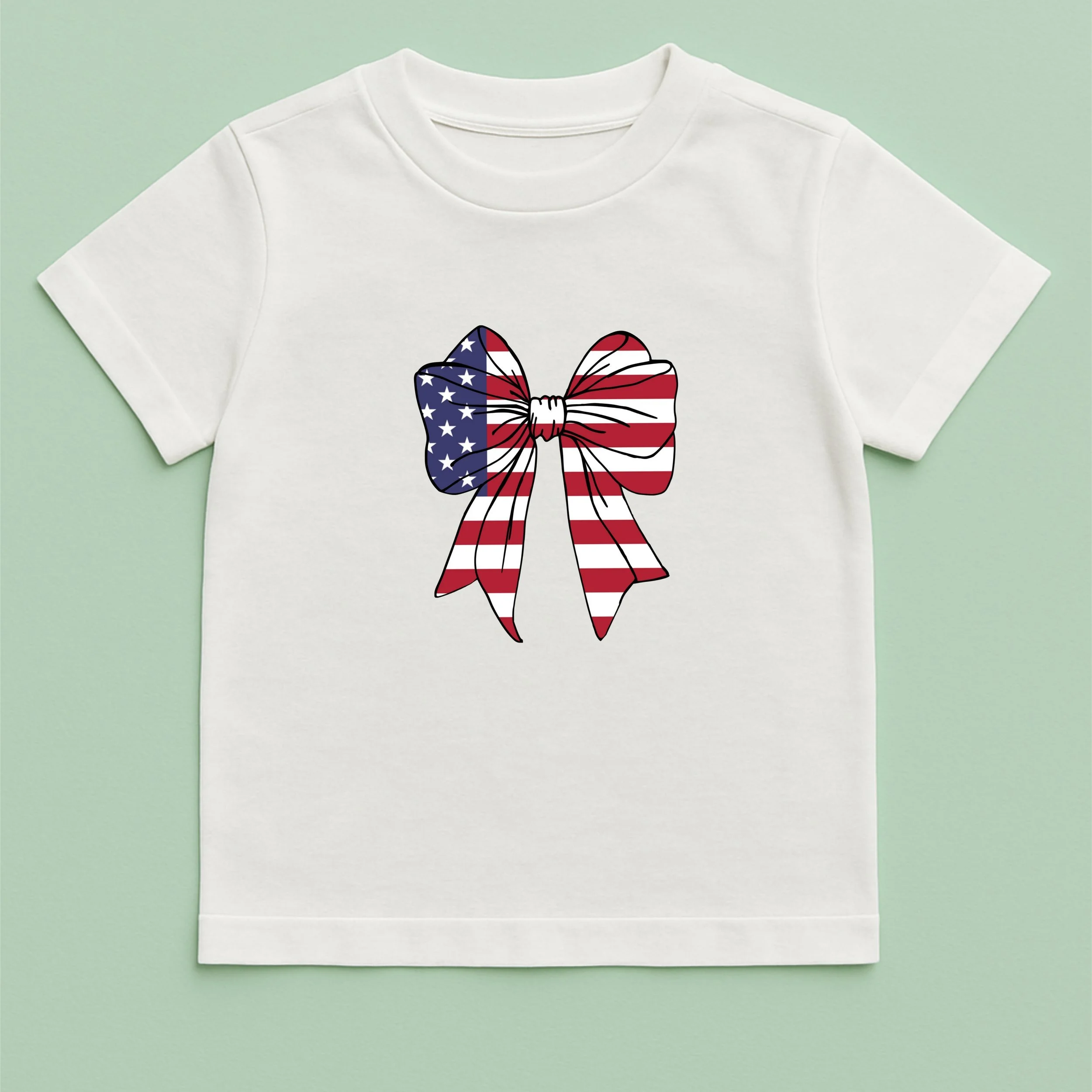 Kids American Flag Bow T-Shirt – Youth Stars and Stripes Bow Shirt – Patriotic Kids Tee – 4th of July Youth Gift
