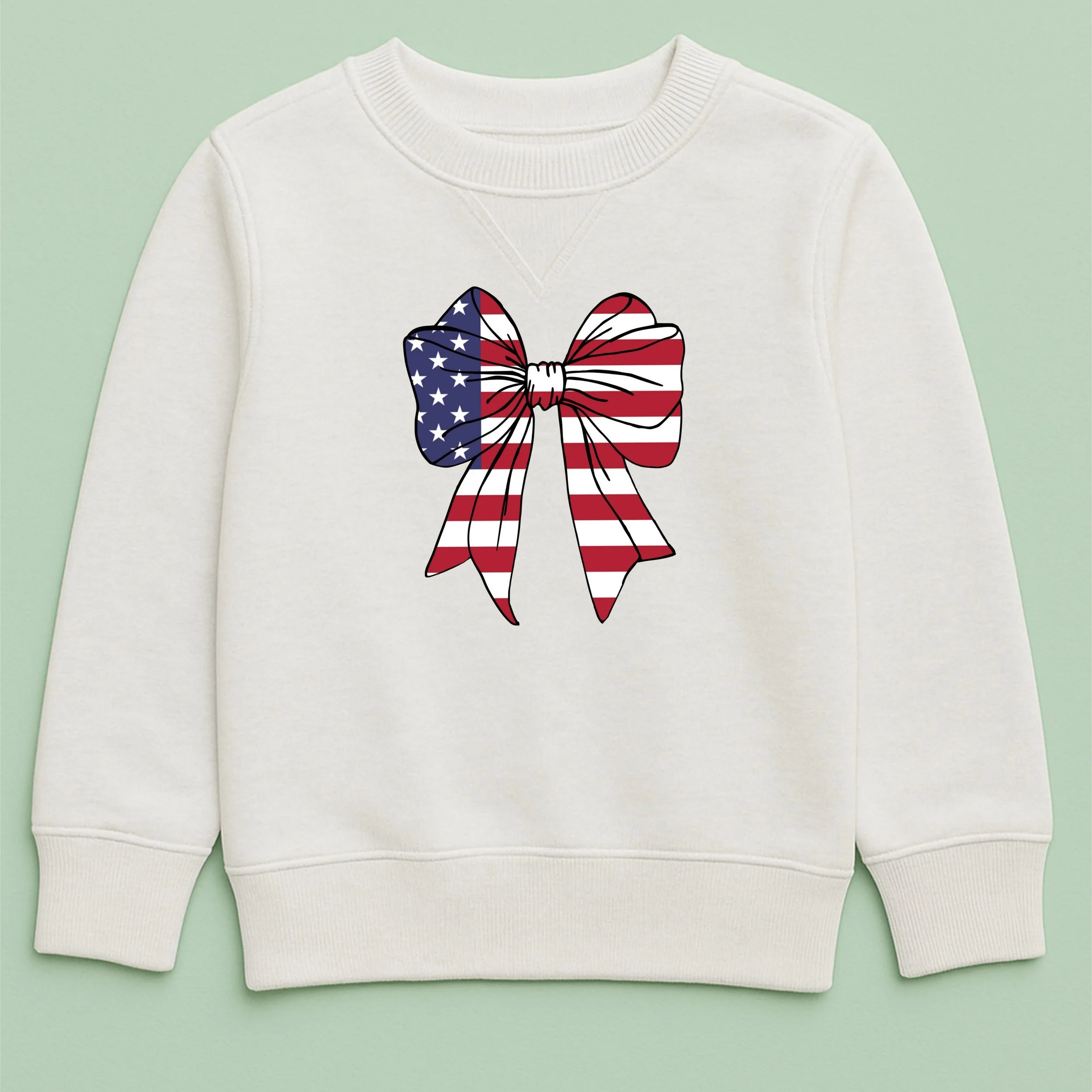 Kids American Flag Bow Sweatshirt – Youth Stars and Stripes Bow Crewneck – Patriotic Kids Top – 4th of July Youth Sweatshirt