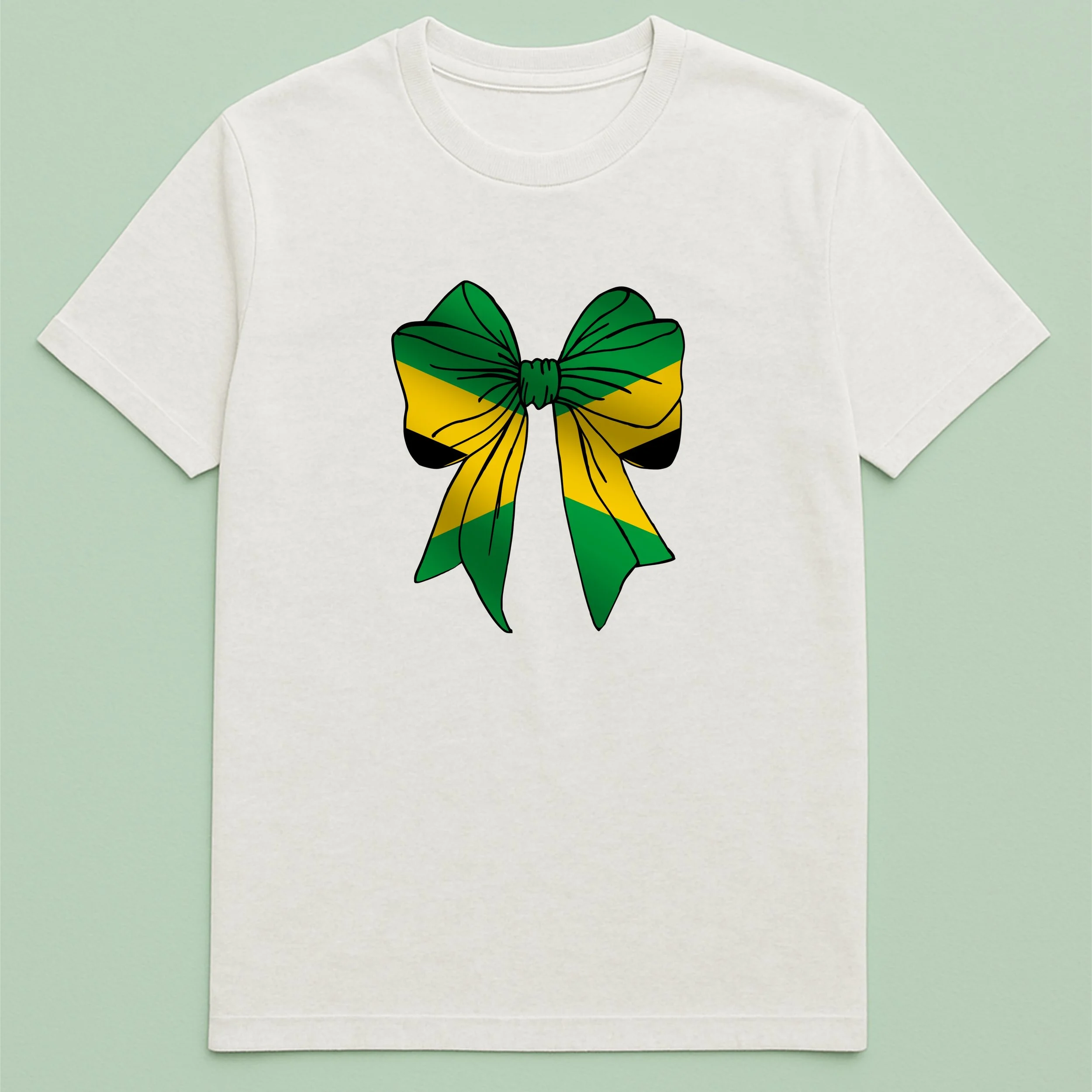 Jamaica Flag Bow T-Shirt – Jamaican Bow Shirt – Yellow Green Black Tee – Cute Jamaica Pride Gift