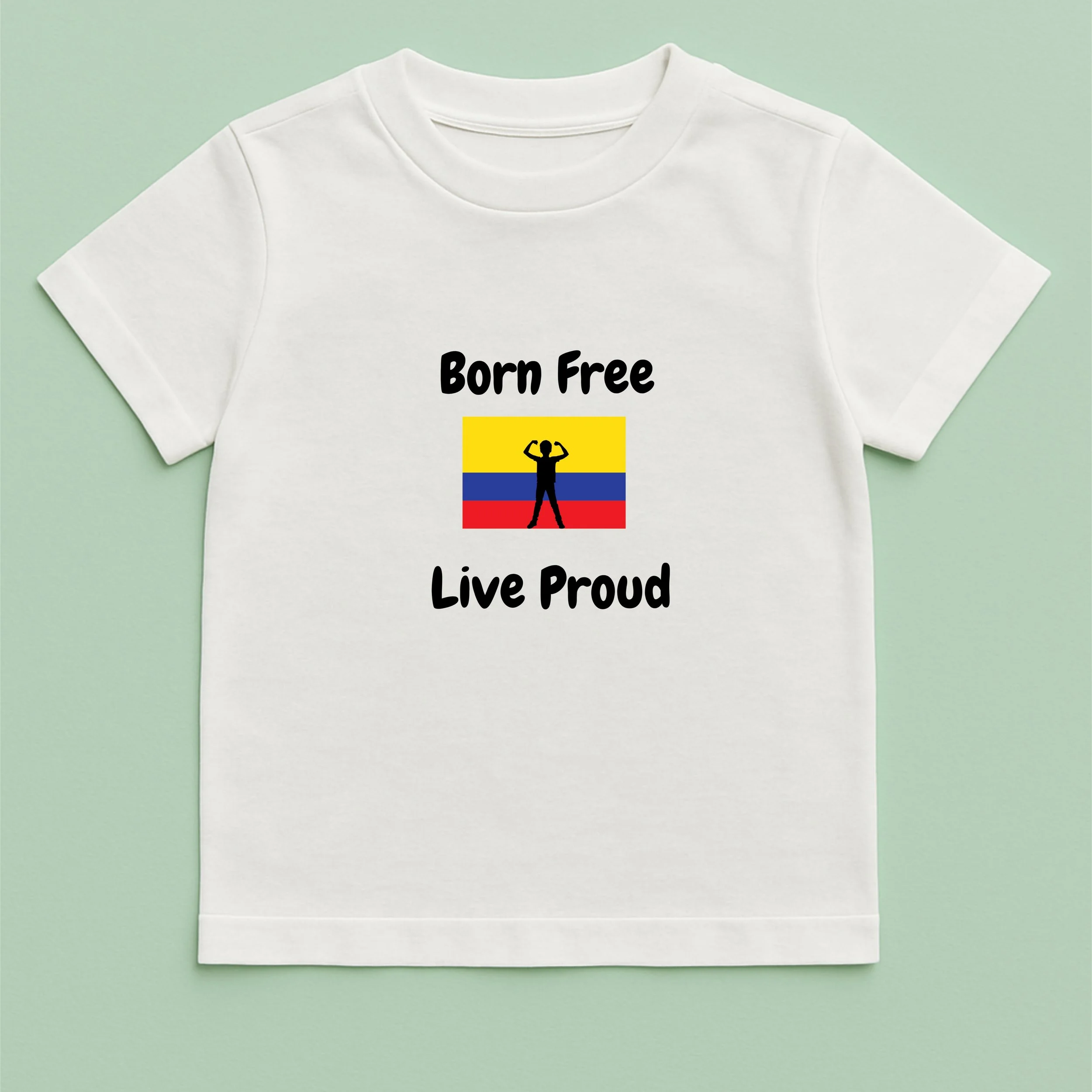 Kids Born Free Live Proud Colombia T-Shirt – Youth Colombian Flag Pride Shirt – Inspirational Kids Tee – Independence Gift