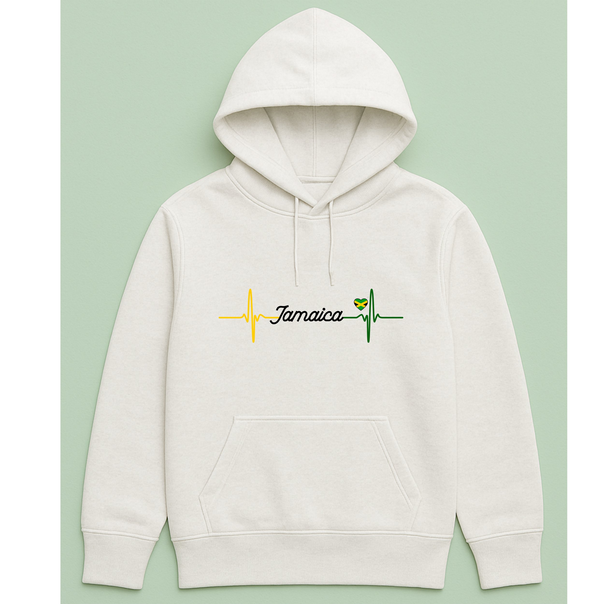 Jamaican Heartbeat Hoodie – Yellow Green Heartbeat Pullover – Jamaica Pride Hoodie – Unique Jamaican Gift