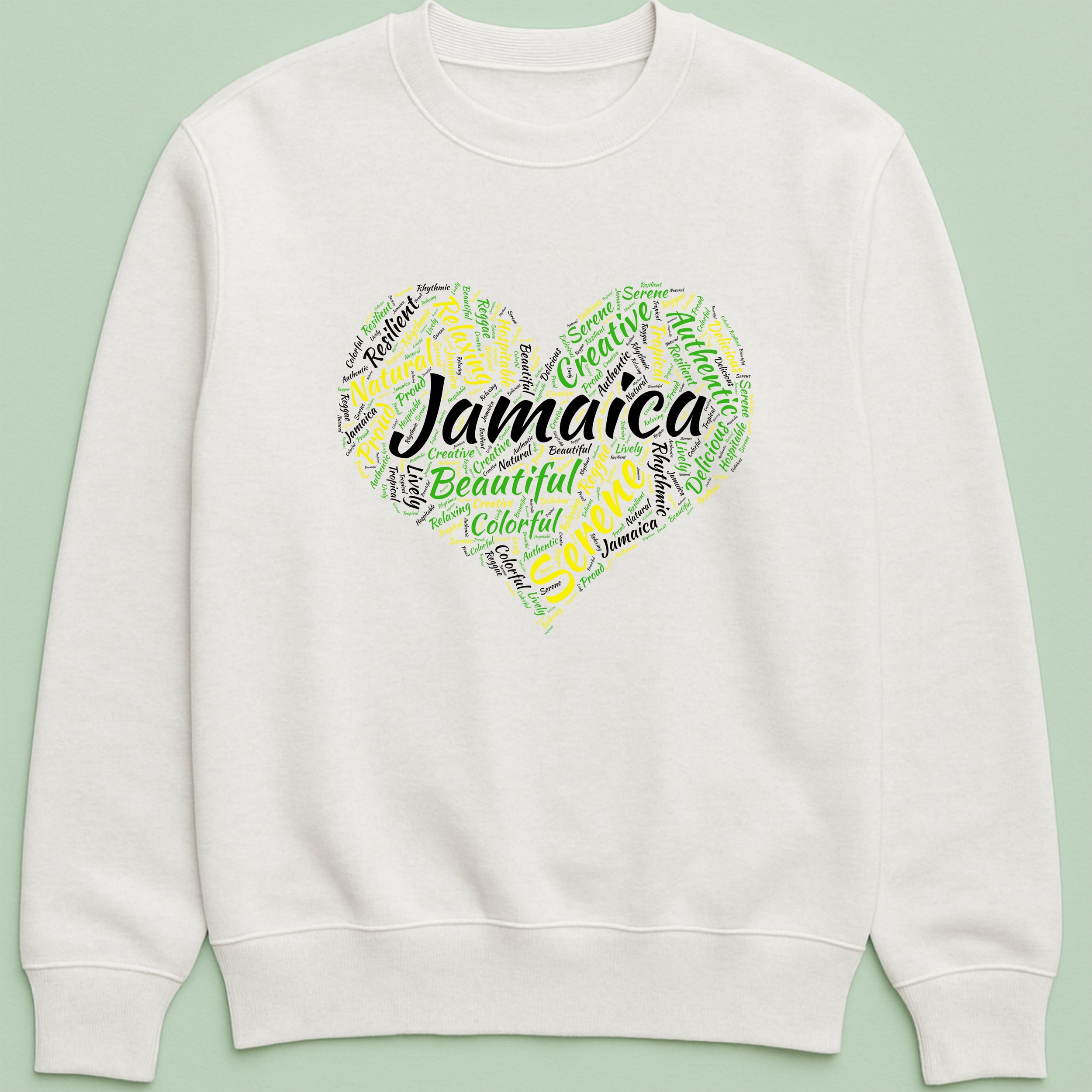 Jamaica Word Heart Sweatshirt – Jamaican Word Cloud Heart Crewneck – Colorful Jamaica Pride Top – Unique Gift