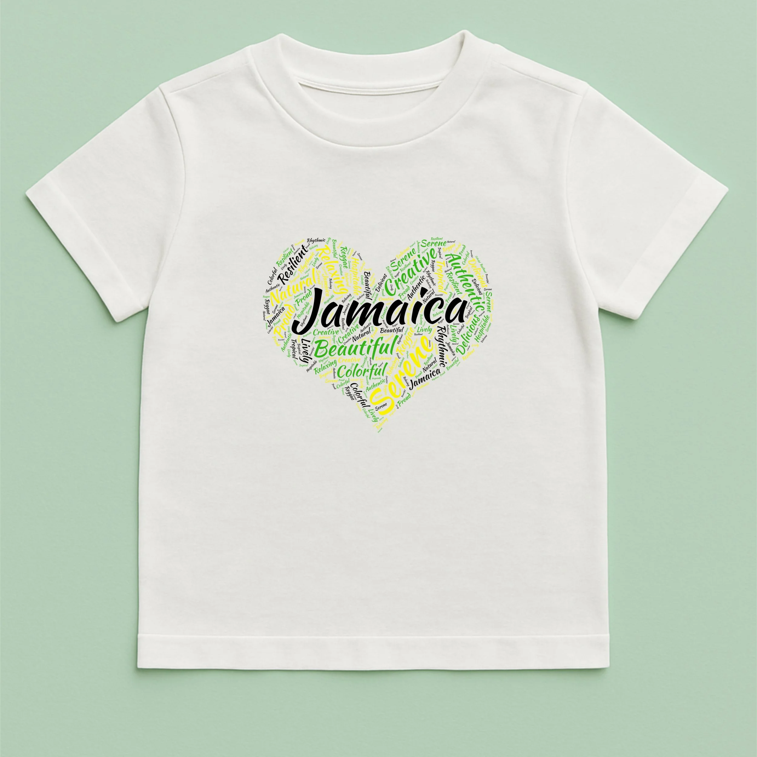 Kids Jamaica Word Heart T-Shirt – Youth Jamaican Word Cloud Heart Shirt – Colorful Jamaica Pride Tee – Unique Kids Gift