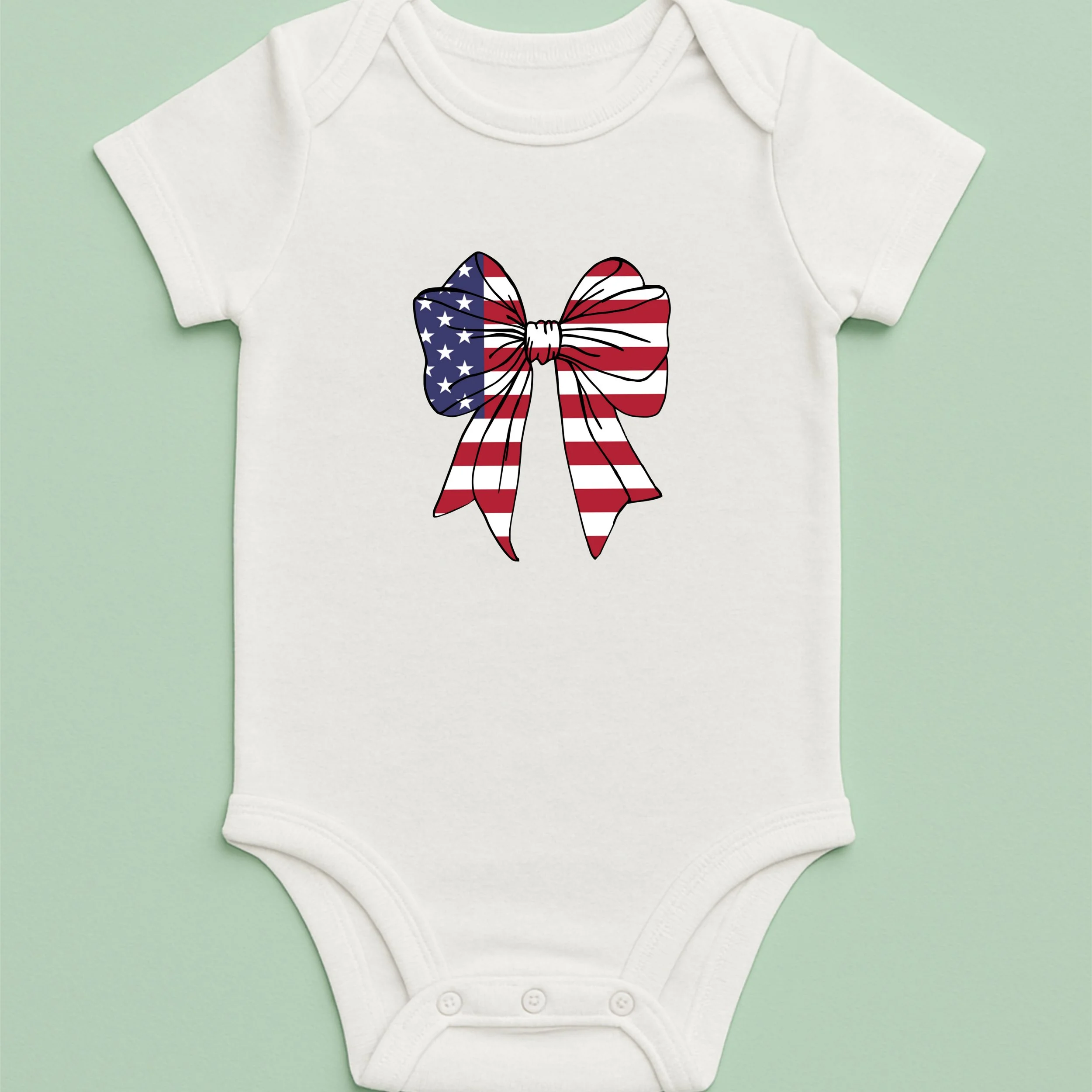 American Flag Bow Baby Onesie – Stars and Stripes Bow Bodysuit – Patriotic Baby Gift – 4th of July Infant Outfit