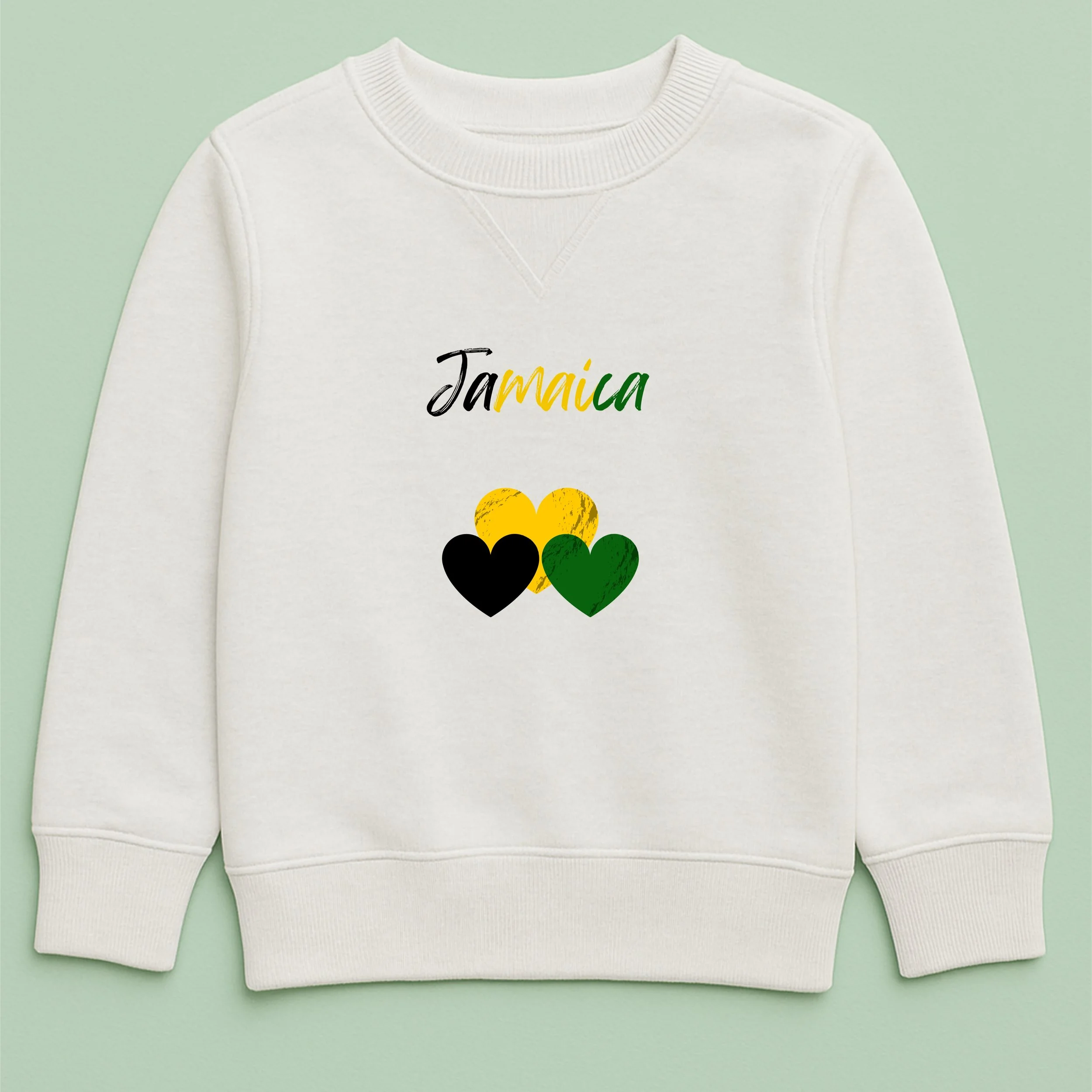 Kids Jamaica Hearts Sweatshirt – Youth Yellow Black Green Heart Crewneck – Cute Jamaican Pride Top – Patriotic Kids Sweatshirt