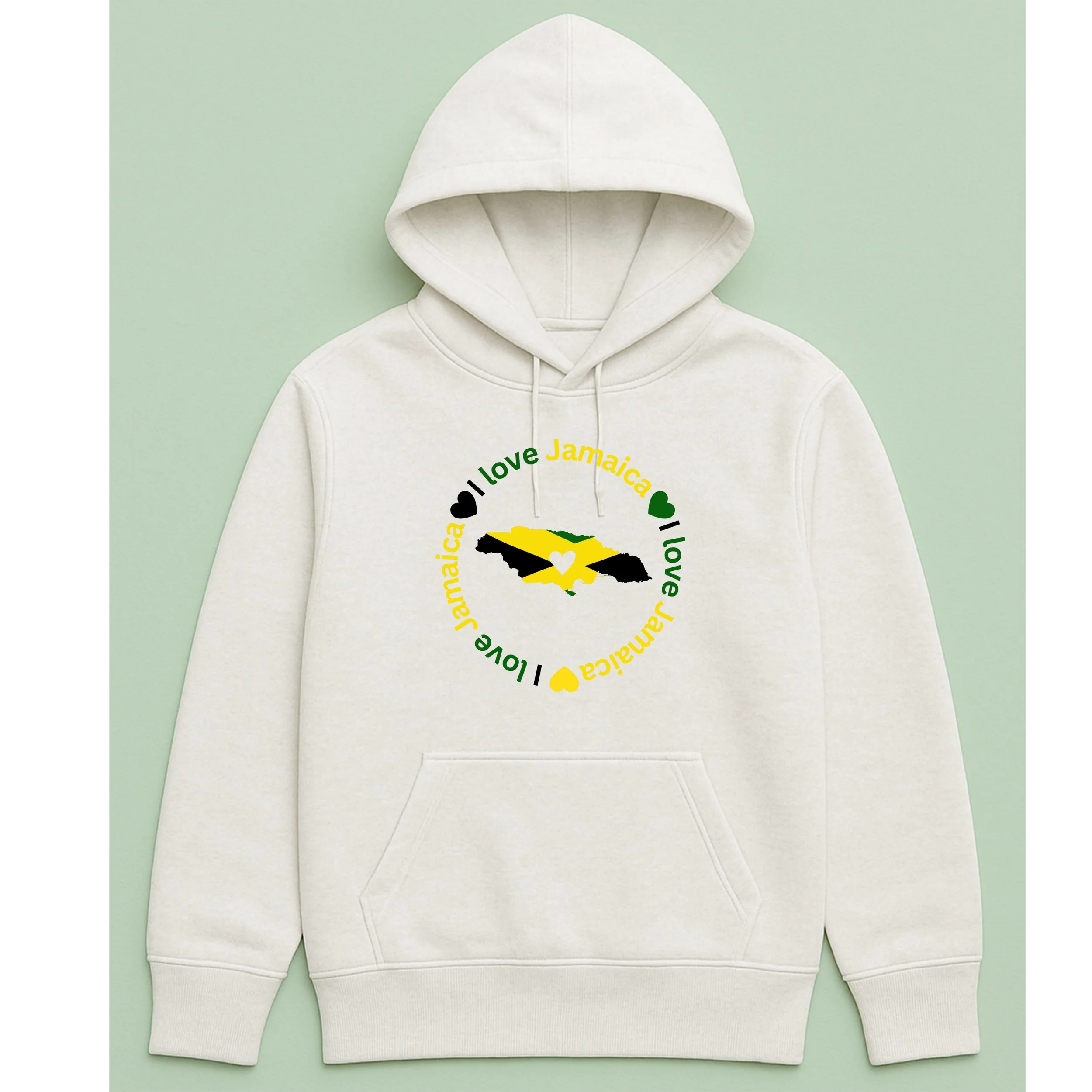 I Love Jamaica Hoodie – Jamaica Map Heart Pullover – Yellow Green Black Hoodie – Unique Jamaican Pride Hoodie