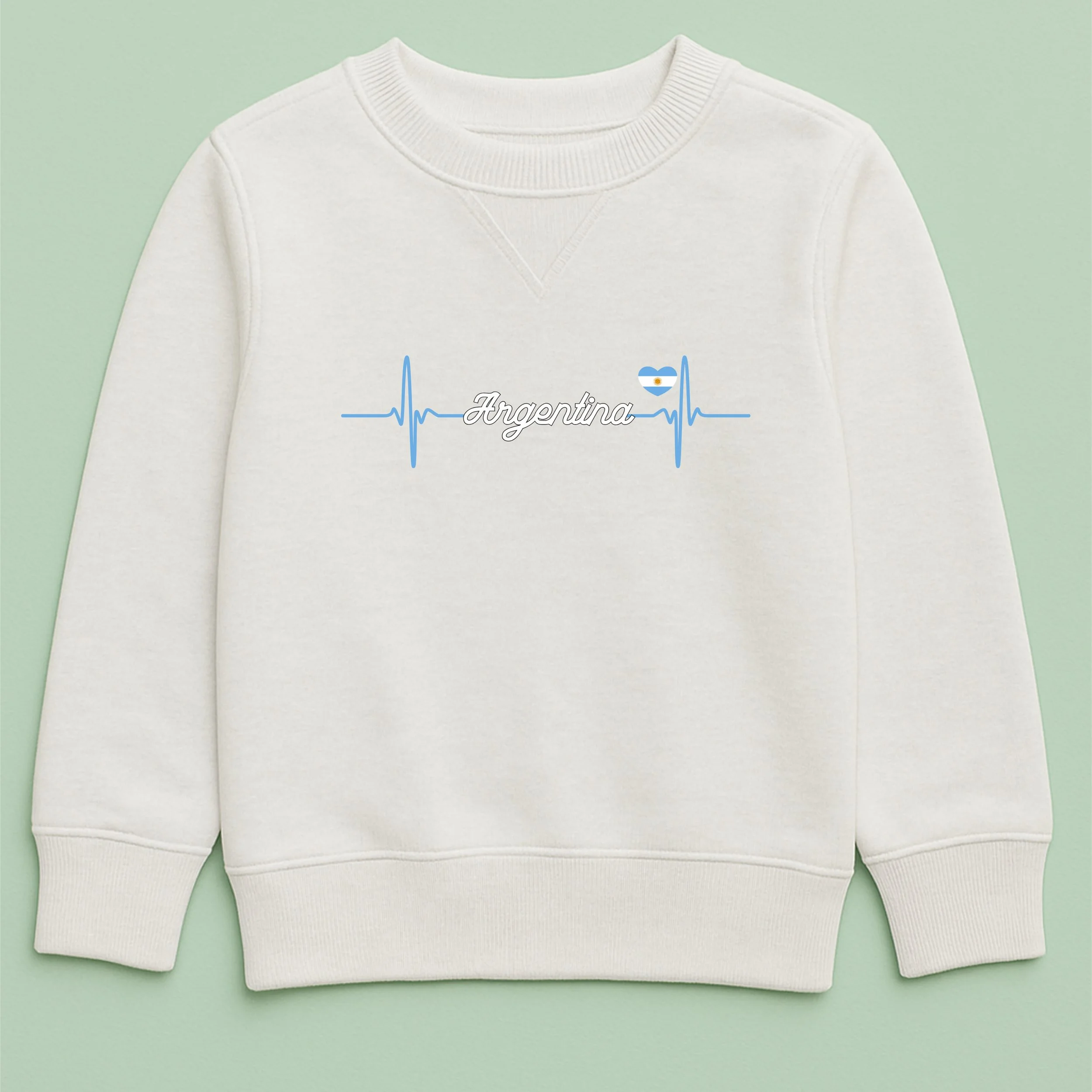 Kids Argentina Heartbeat Sweatshirt – Youth Blue White Heartbeat Crewneck – Argentinian Pride Kids Top – Patriotic Youth Sweatshirt