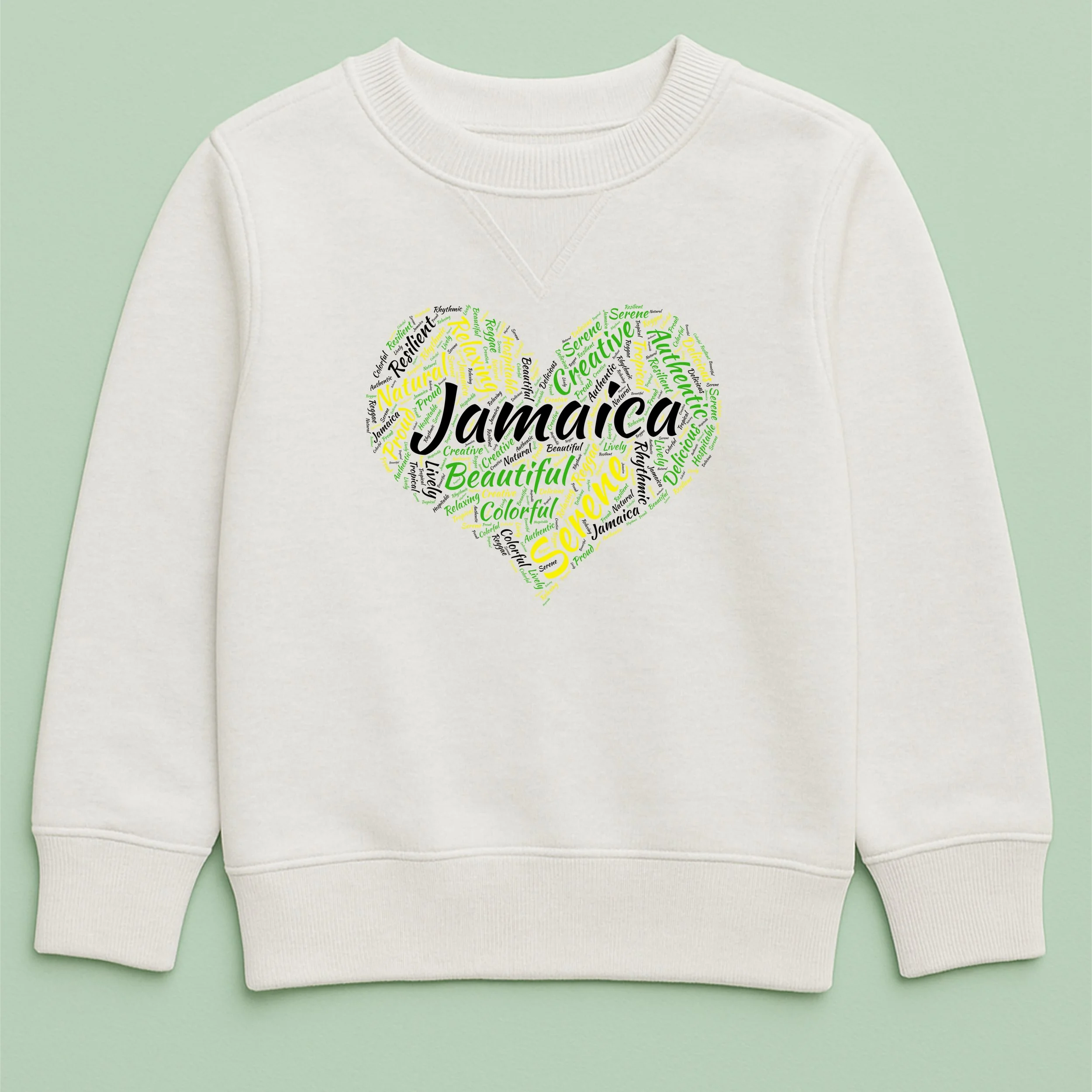 Kids Jamaica Word Heart Sweatshirt – Youth Jamaican Word Cloud Heart Crewneck – Colorful Jamaica Pride Top – Unique Kids Sweatshirt