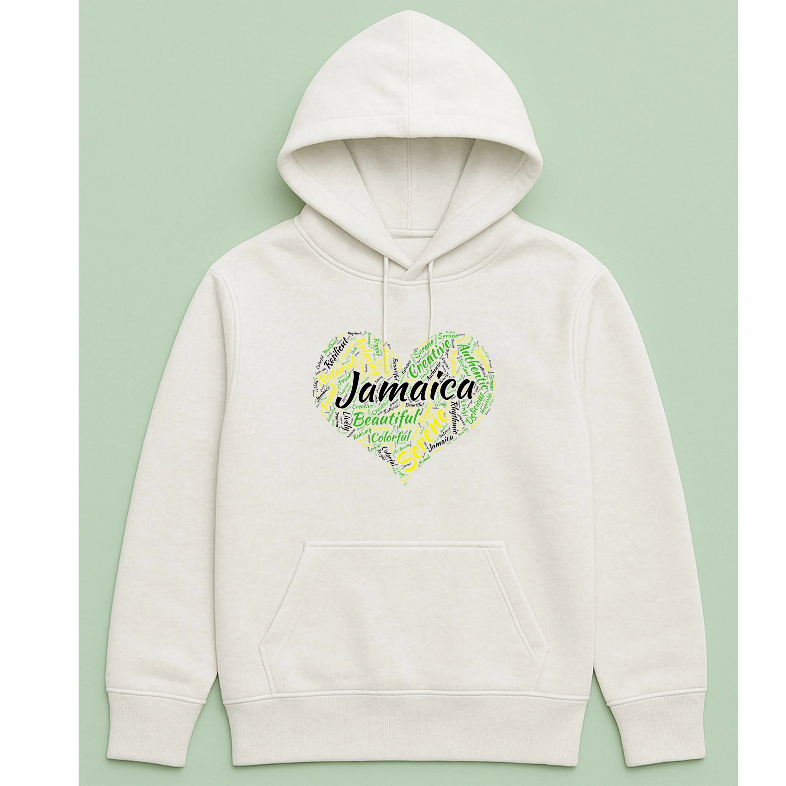 Jamaica Word Heart Hoodie – Jamaican Word Cloud Heart Pullover – Colorful Jamaica Pride Hoodie – Unique Gift