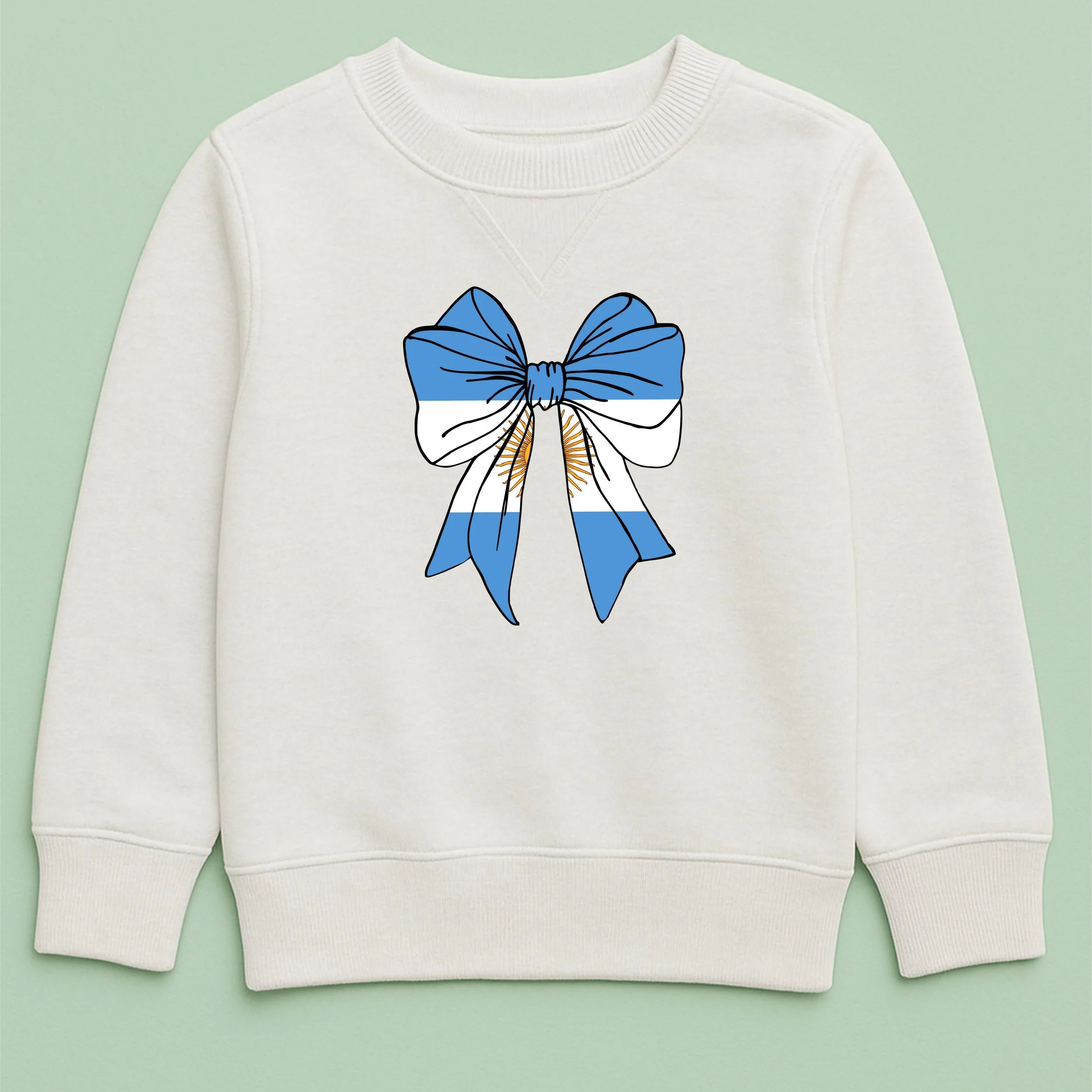 Kids Argentina Flag Bow Sweatshirt – Youth Blue White Bow Crewneck – Cute Argentinian Pride Top – Patriotic Kids Sweatshirt
