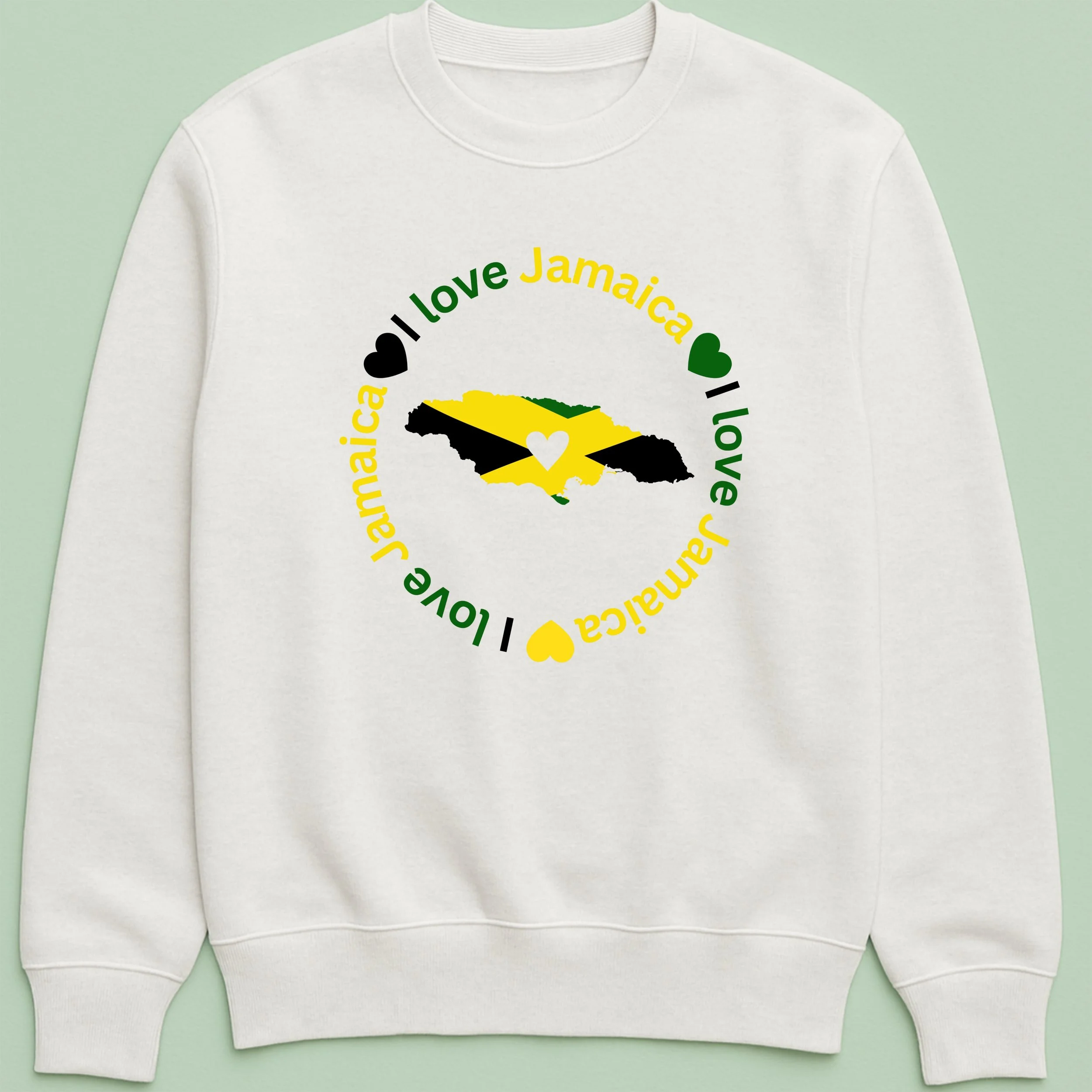 I Love Jamaica Sweatshirt – Jamaica Map Heart Crewneck – Yellow Green Black Top – Jamaican Pride Sweatshirt