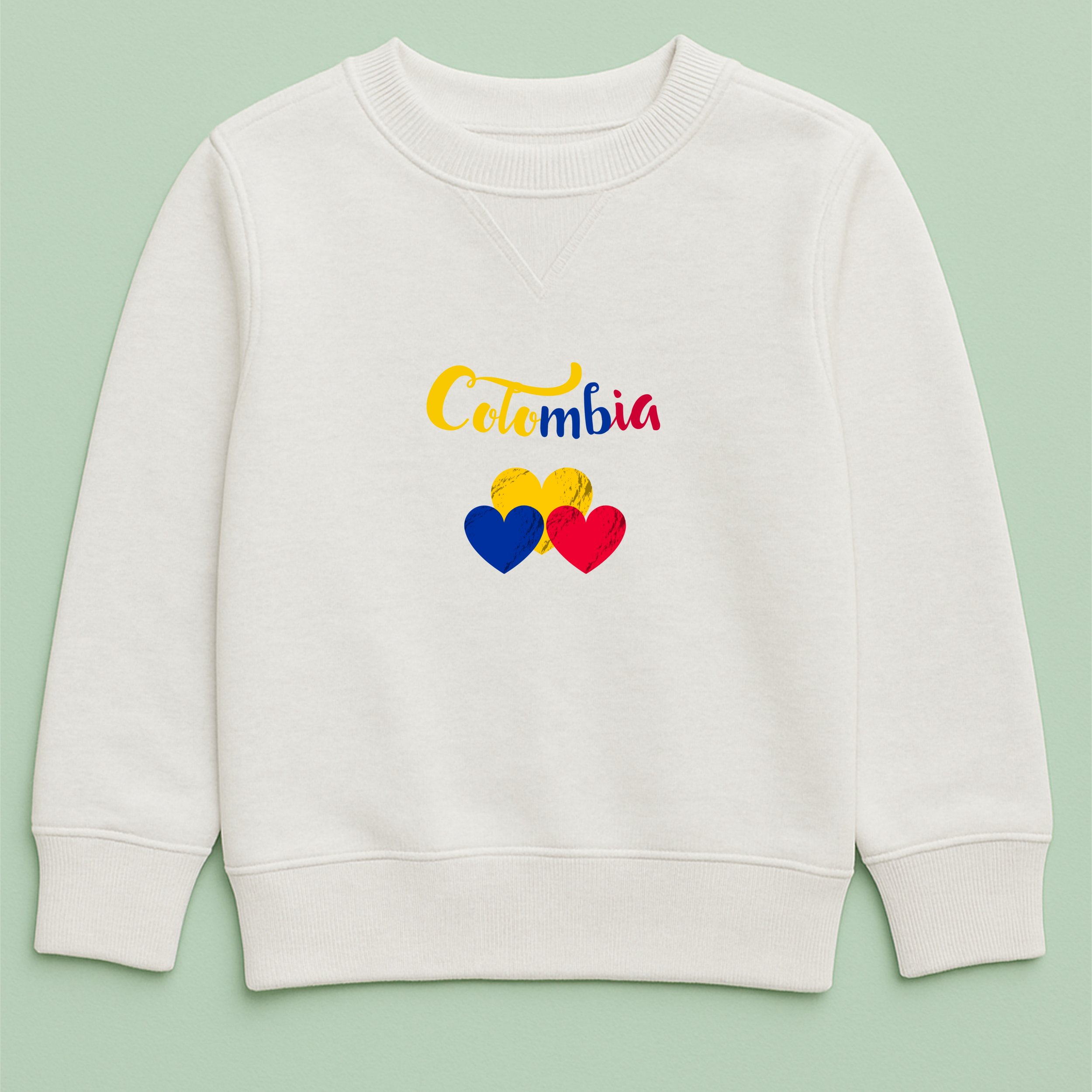 Kids Colombia Hearts Sweatshirt – Youth Yellow Blue Red Heart Crewneck – Cute Colombian Pride Top – Patriotic Kids Sweatshirt