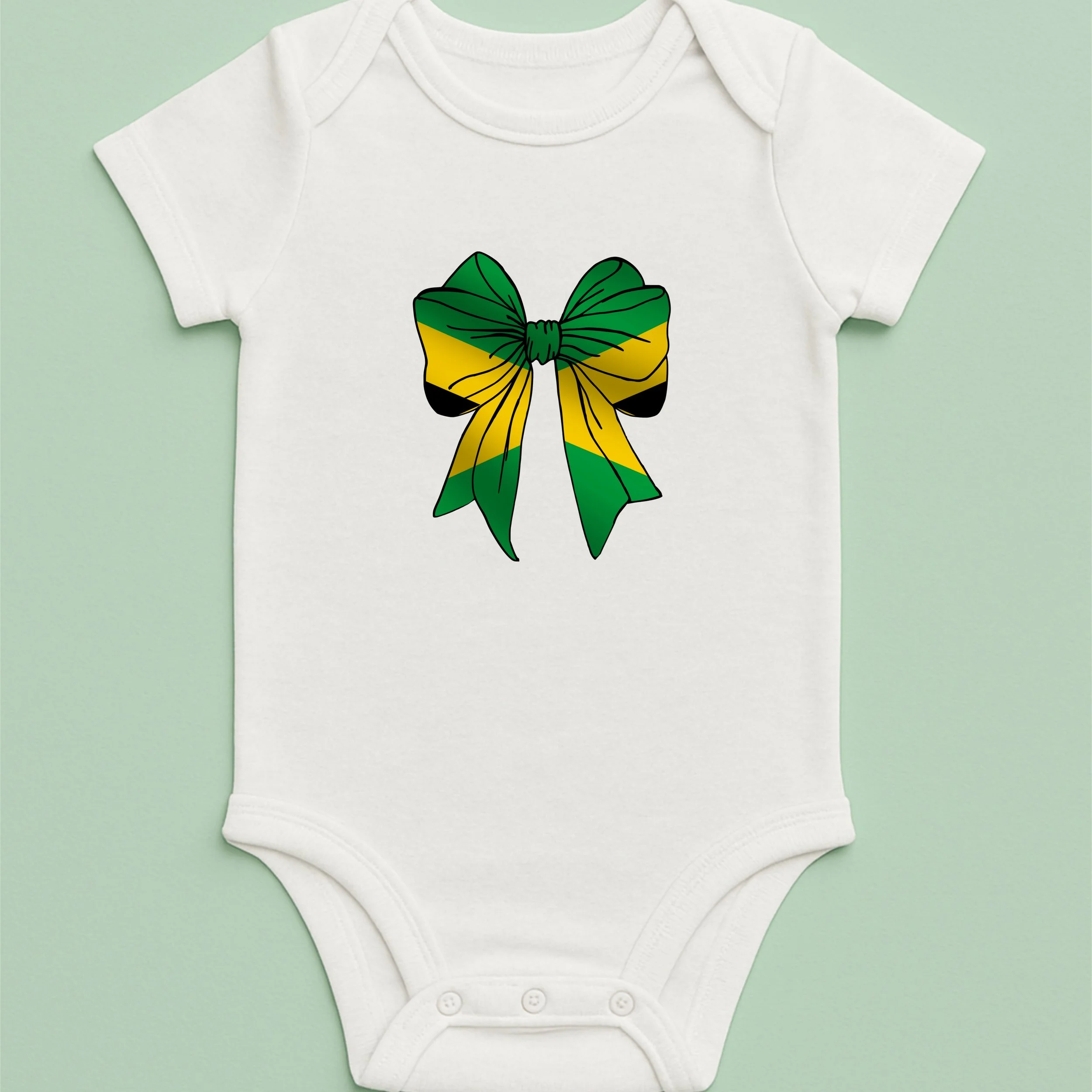 Jamaica Flag Bow Baby Onesie – Yellow Green Black Bow Bodysuit – Patriotic Baby Gift – Jamaica Infant Outfit