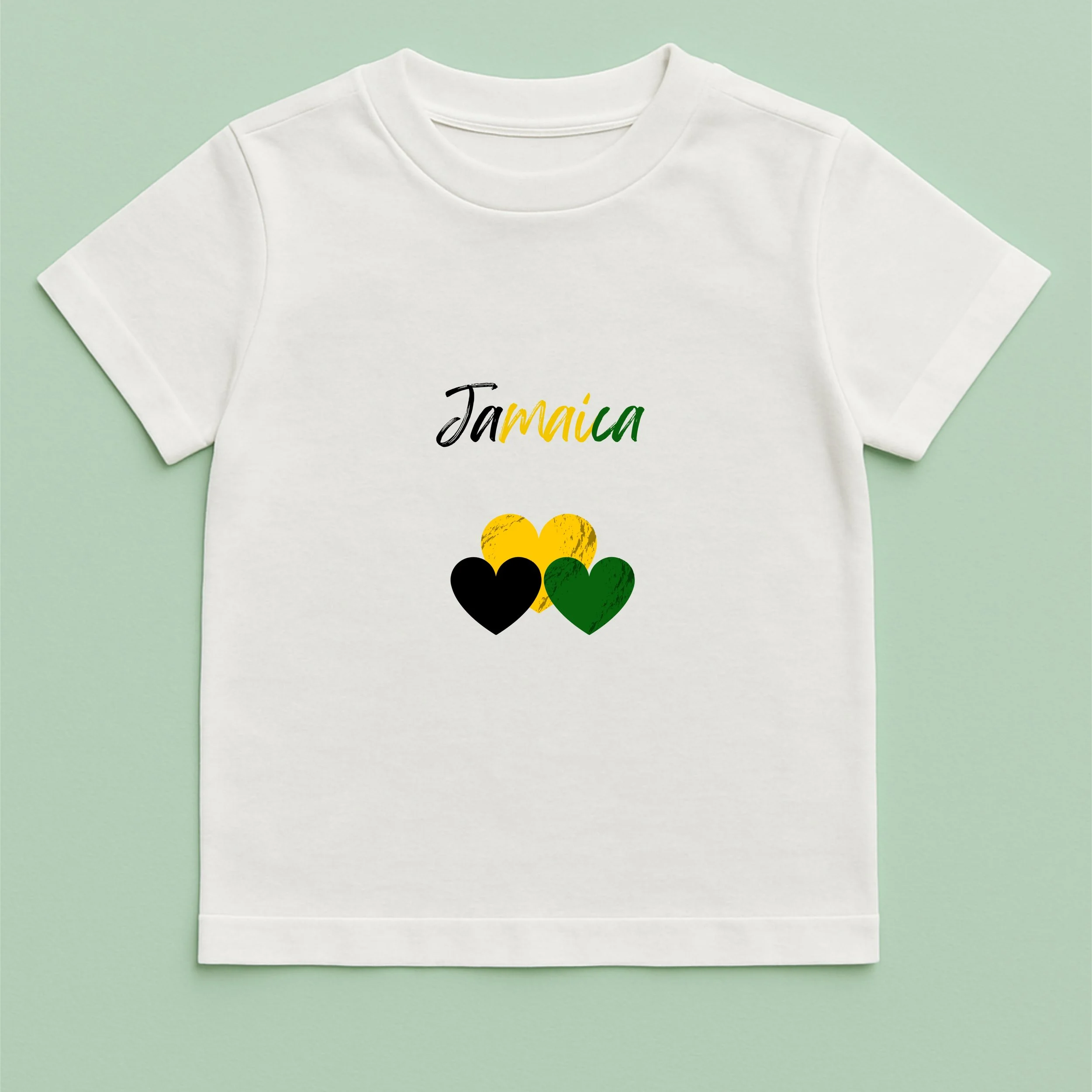 Kids Jamaica Hearts T-Shirt – Youth Yellow Black Green Heart Shirt – Cute Jamaican Pride Tee – Patriotic Kids Gift