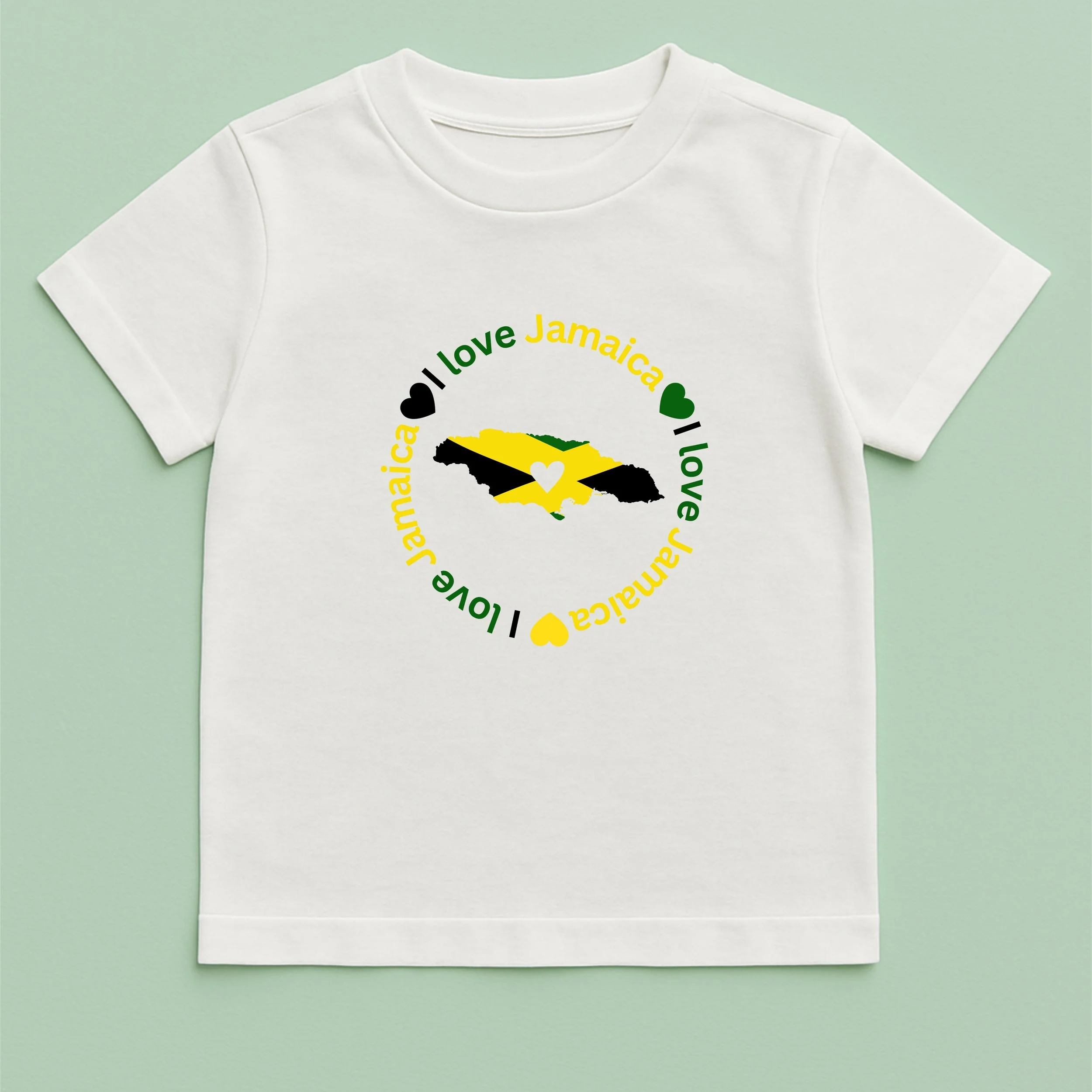 Kids I Love Jamaica T-Shirt – Youth Jamaica Map Heart Shirt – Yellow Green Black Kids Tee – Jamaican Pride Gift