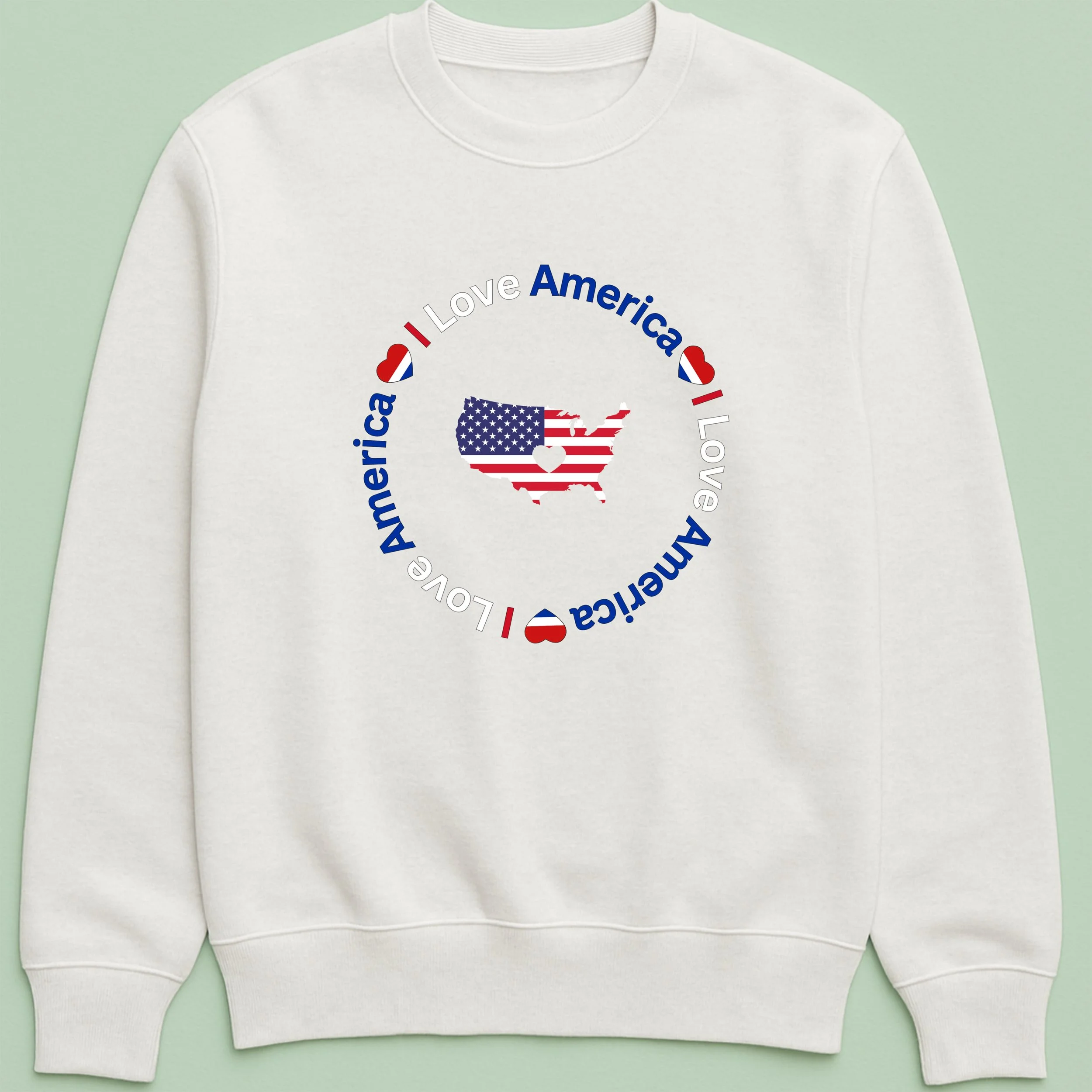 I Love America Sweatshirt – Patriotic USA Map Crewneck – Red White Blue Heart – 4th of July Pride Top