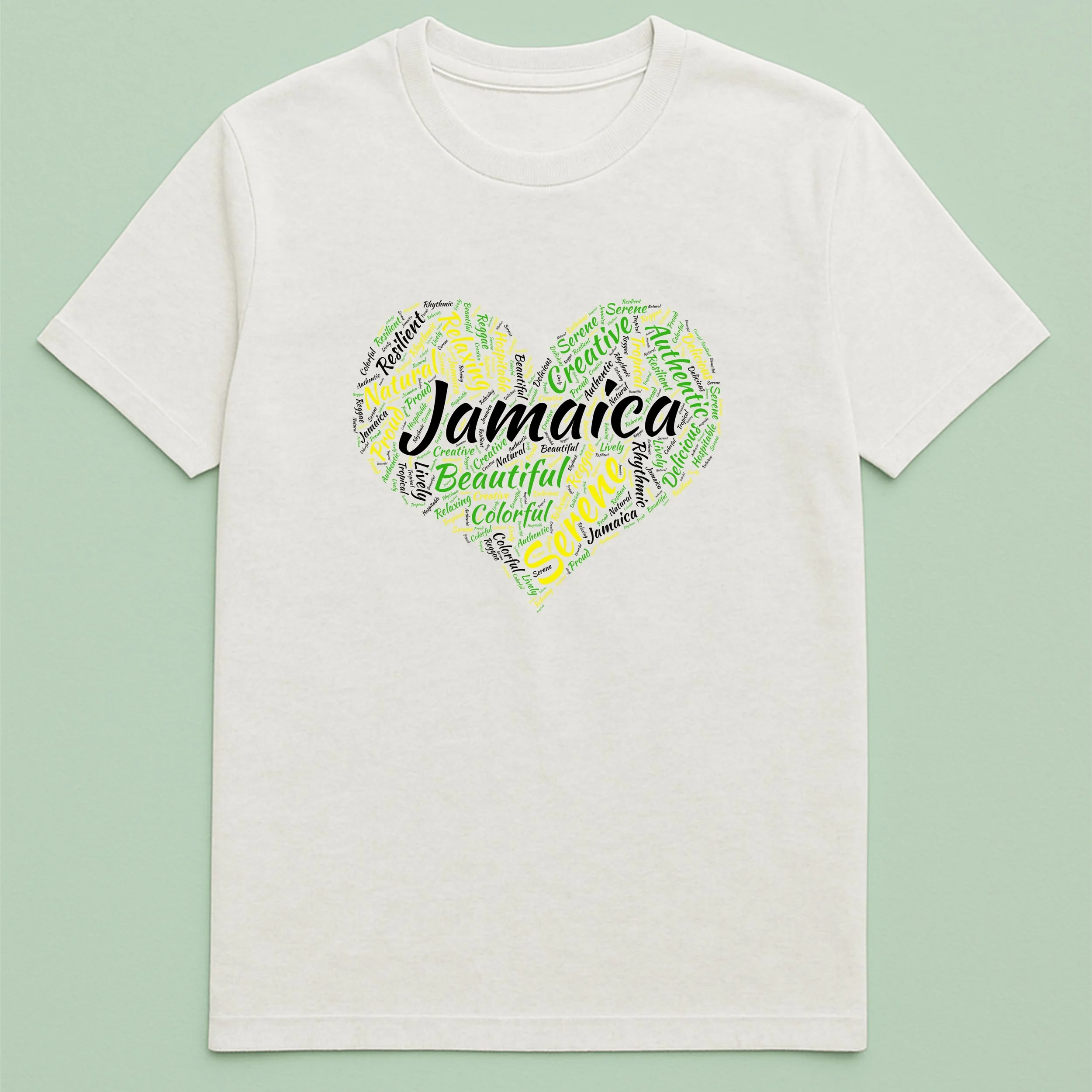 Jamaica Word Heart T-Shirt – Jamaican Word Cloud Heart Shirt – Colorful Jamaica Pride Tee – Unique Gift