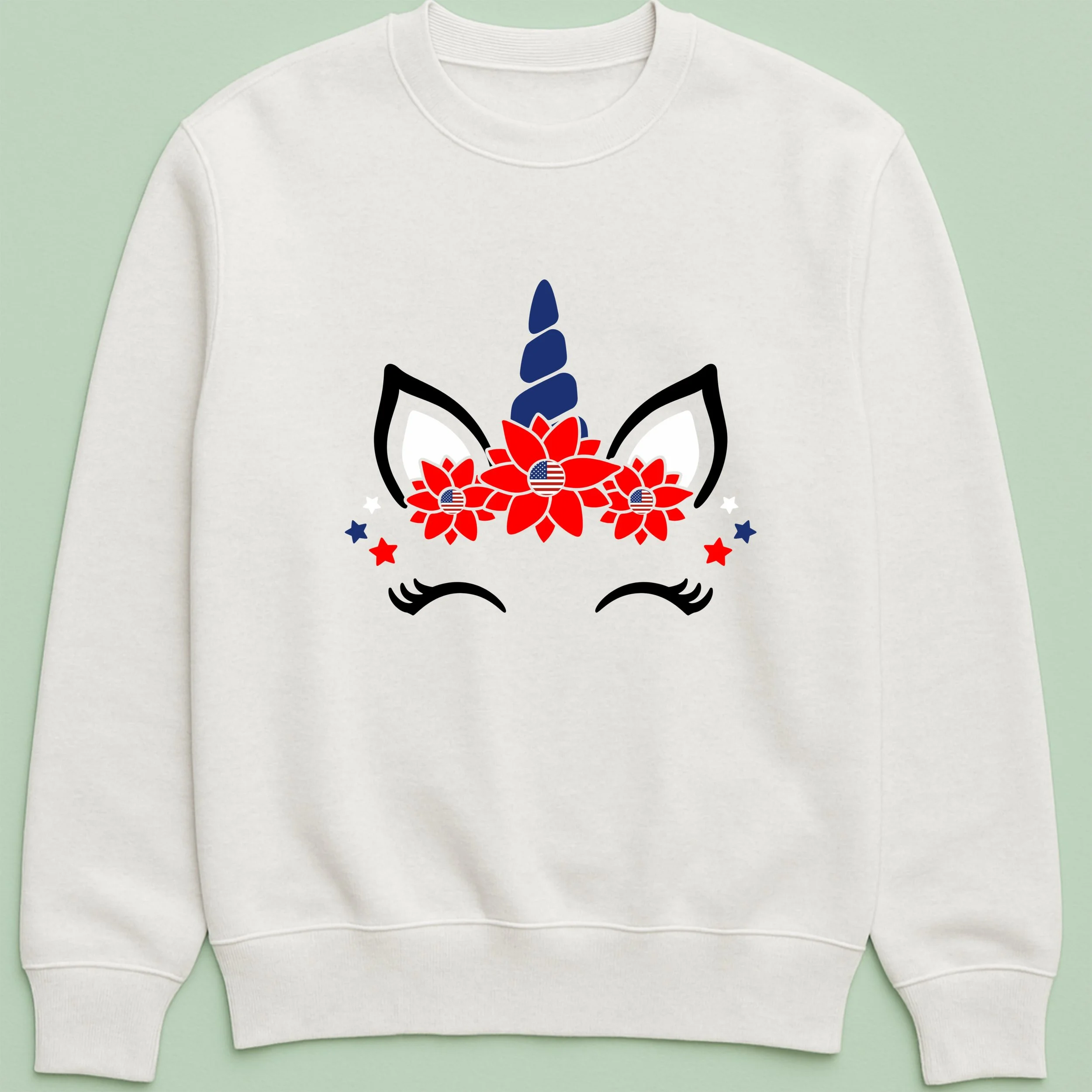 American Unicorn Sweatshirt – Patriotic USA Unicorn Crewneck – Red, White & Blue Flowers – Fun 4th of July Pride Gift