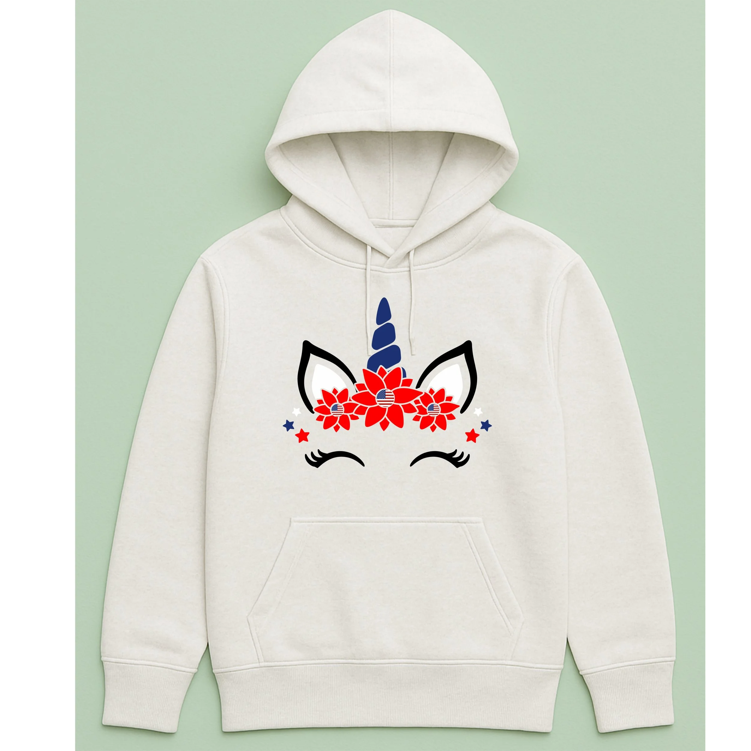 American Unicorn Hoodie – Patriotic Unicorn Pullover – USA Red, White & Blue Floral Design – Magical 4th of July Gift