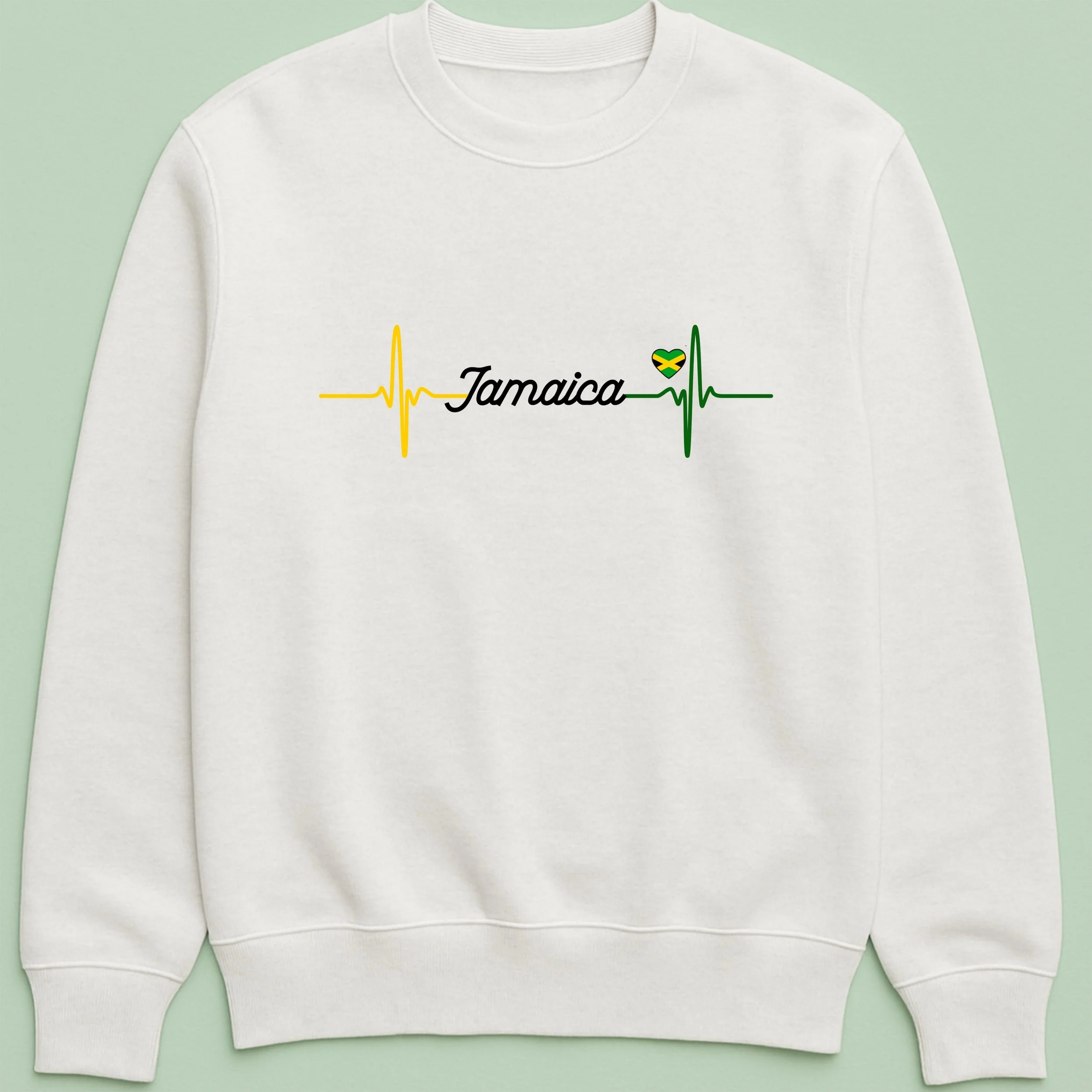 Jamaican Heartbeat Sweatshirt – Yellow Green Heartbeat Crewneck – Jamaica Pride Top – Unique Jamaican Sweatshirt