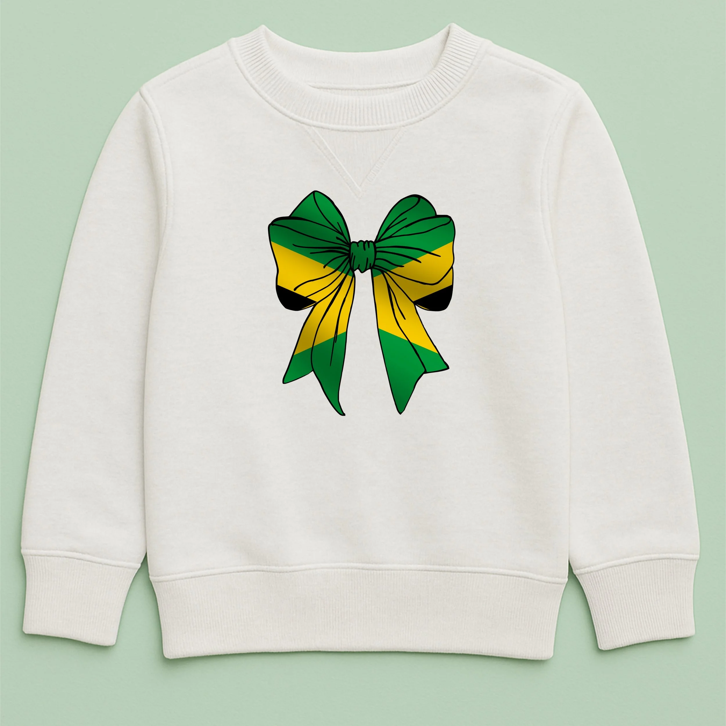 Kids Jamaica Flag Bow Sweatshirt – Youth Yellow Green Black Bow Crewneck – Cute Jamaican Pride Top – Patriotic Kids Sweatshirt