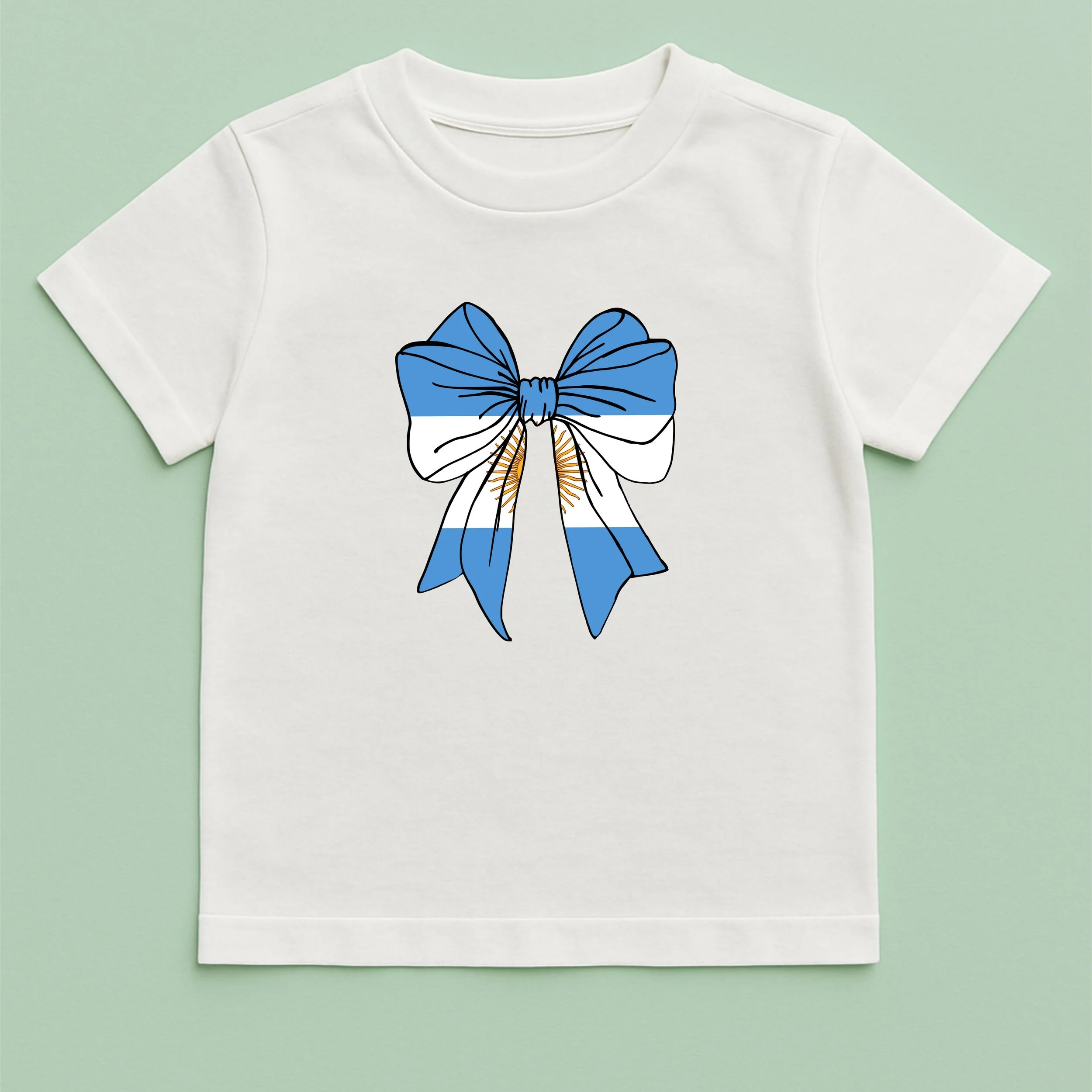 Kids Argentina Flag Bow T-Shirt – Youth Blue White Bow Shirt – Cute Argentinian Pride Tee – Patriotic Kids Gift