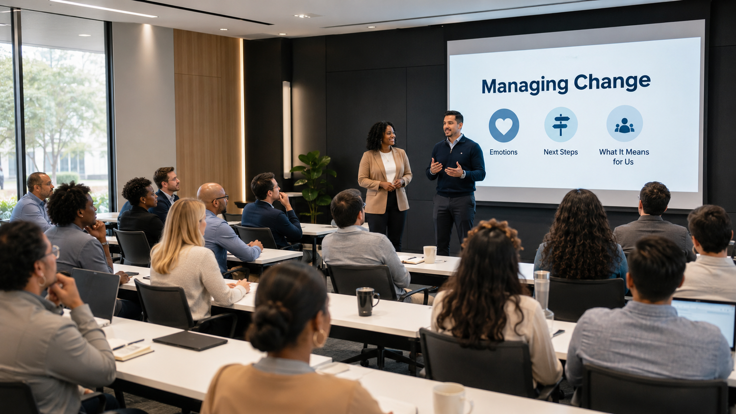 Three colleagues discussing leadership and organizational change in a modern workplace