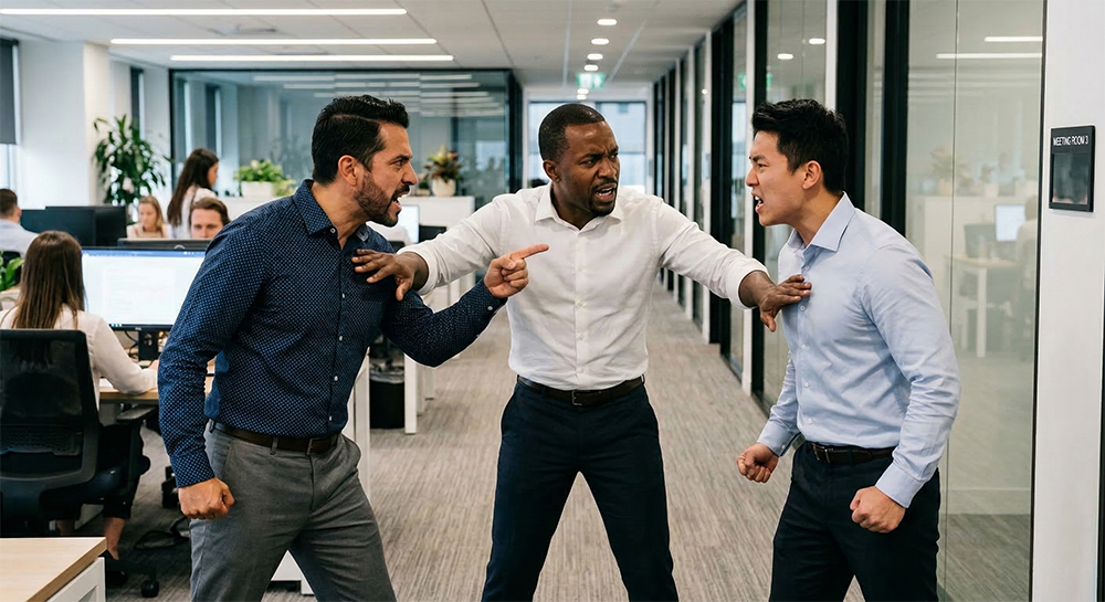 Professionals navigating an active workplace conflict with mediation support