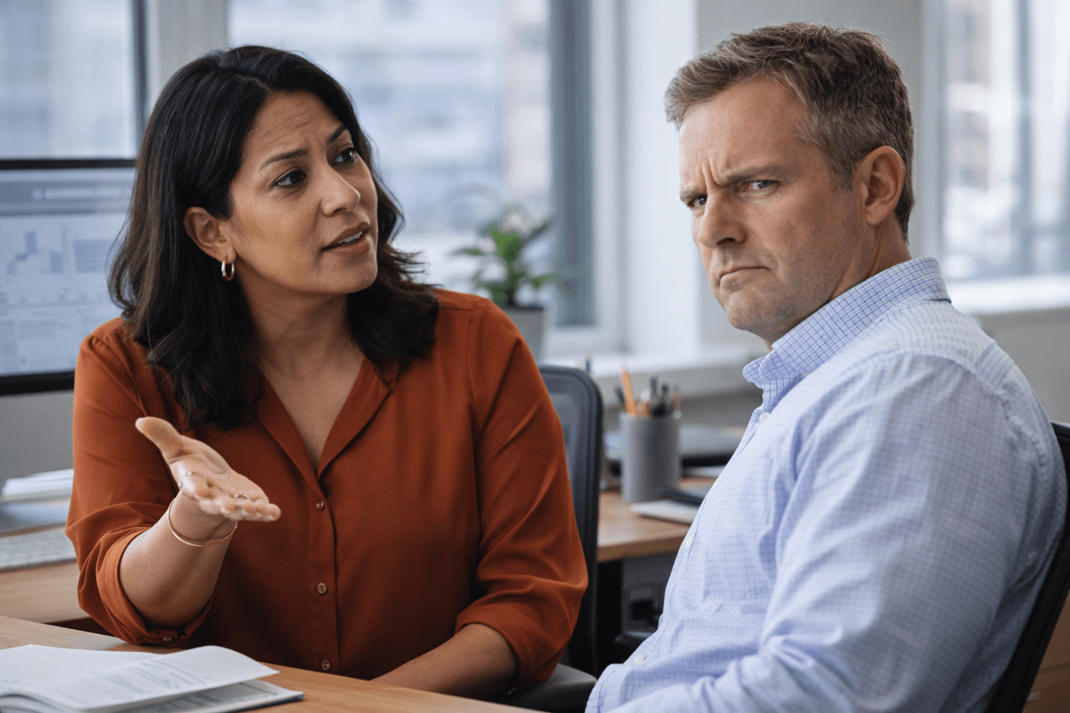 Workplace leaders having a professional feedback and accountability conversation