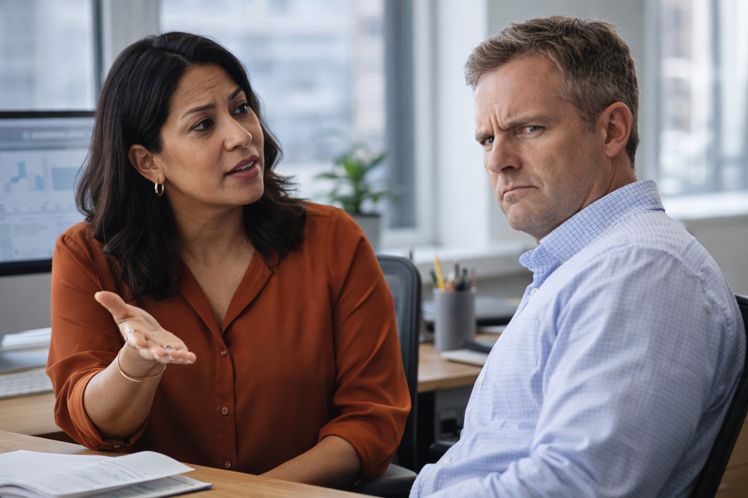 Two people having a difficult conversation in workplace