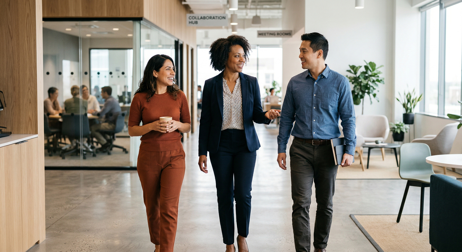 Leaders walking and talking in a modern office