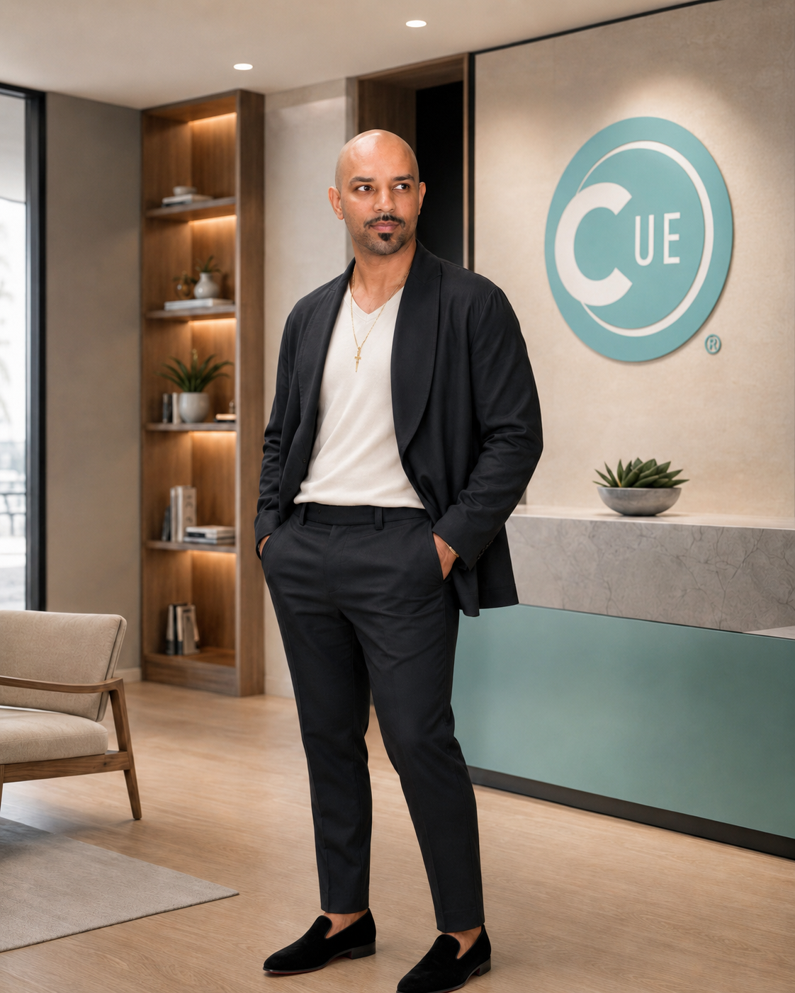 A man standing in an office lobby with a modern decor, in front of a sign that says 'CUE'. He is dressed in a black suit with a white T-shirt, wearing black loafers, with one hand in his pocket and looking away from the camera.
