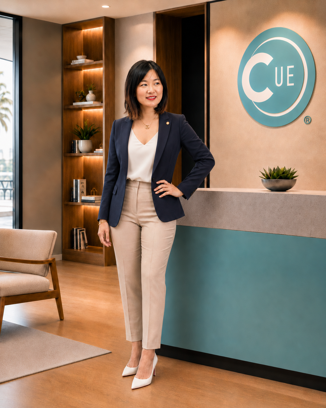 A professional woman standing confidently in an office reception area next to a sign that says 'CUE'.