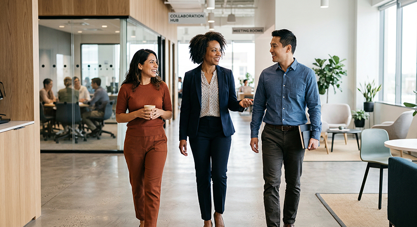 Three diverse workplace leaders walking and talking together in a modern office