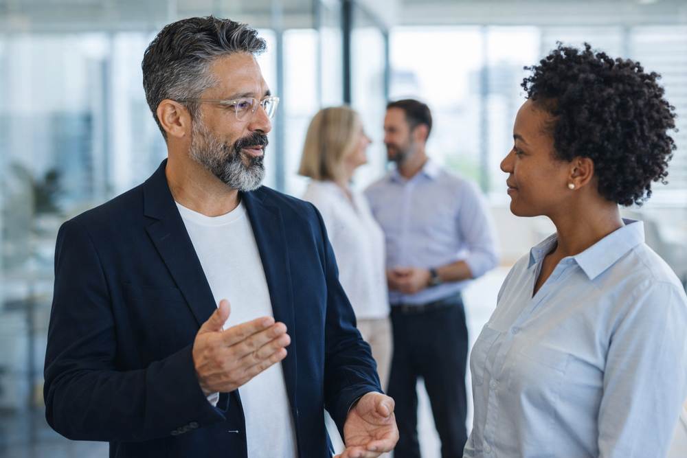 Two colleagues using listening and needs-based communication skills
