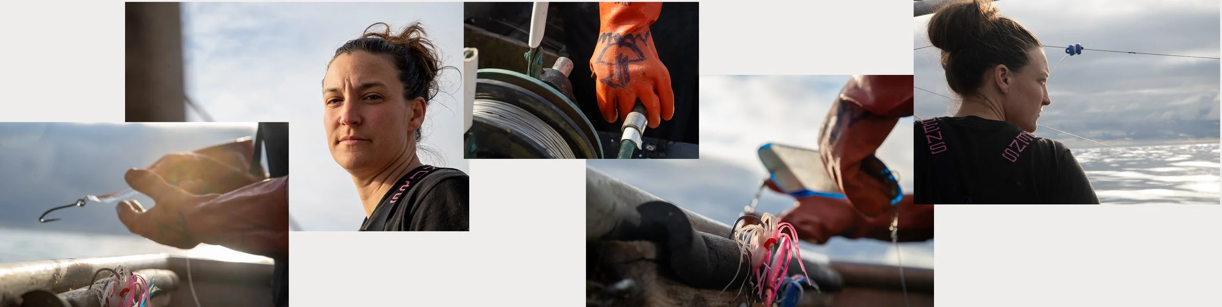 Woman on a boat fishing, holding a fishing hook, and wearing orange gloves, with a cloudy sky and water in the background.