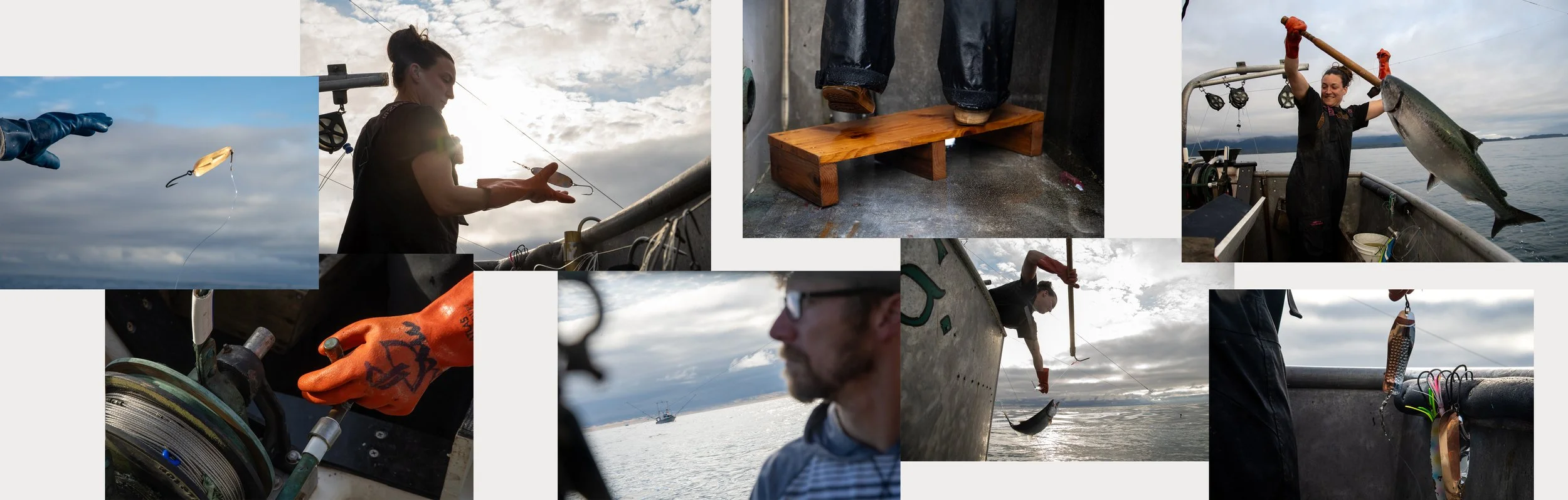 People fishing from a boat on the ocean, some catching fish, others preparing fishing gear, with cloudy skies and distant boats.